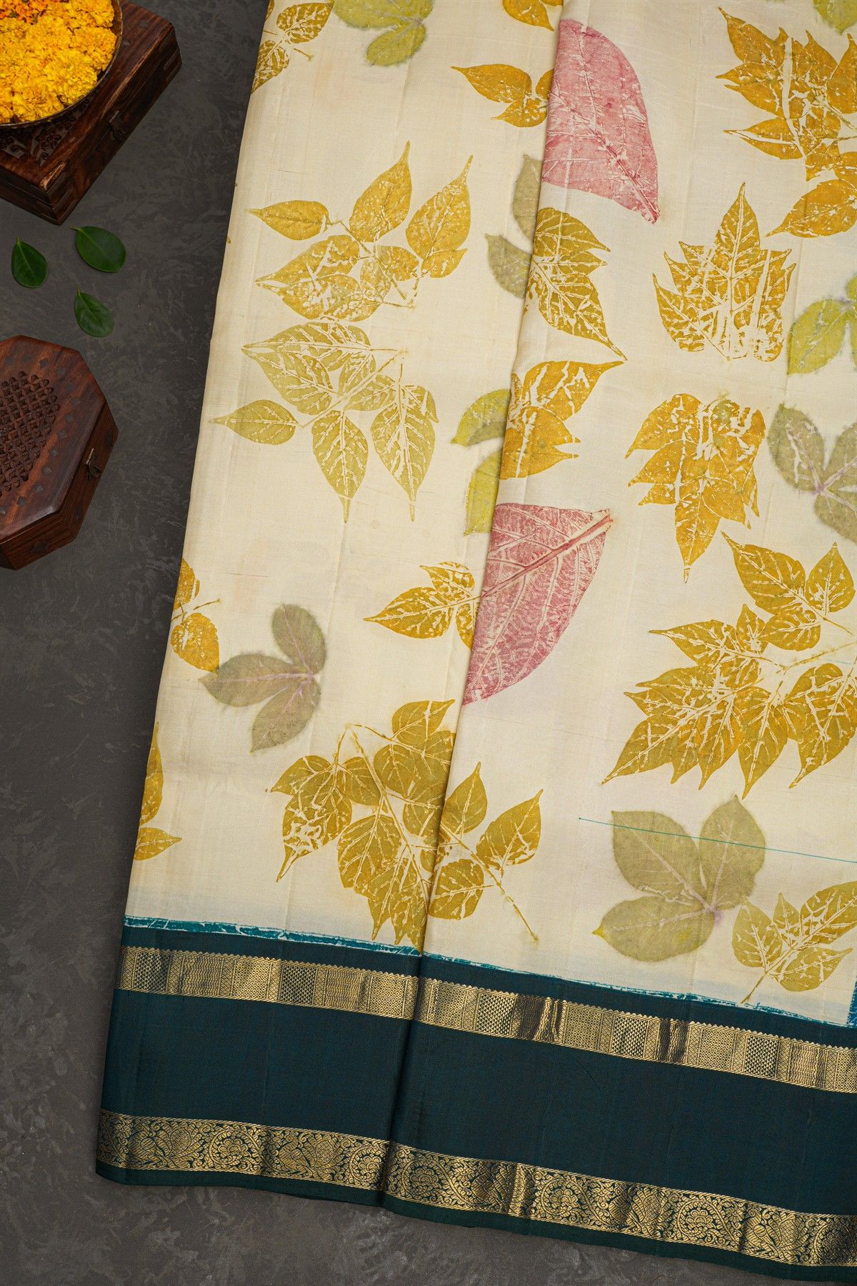 Kancheepuram Eco Print Silk Off White Saree