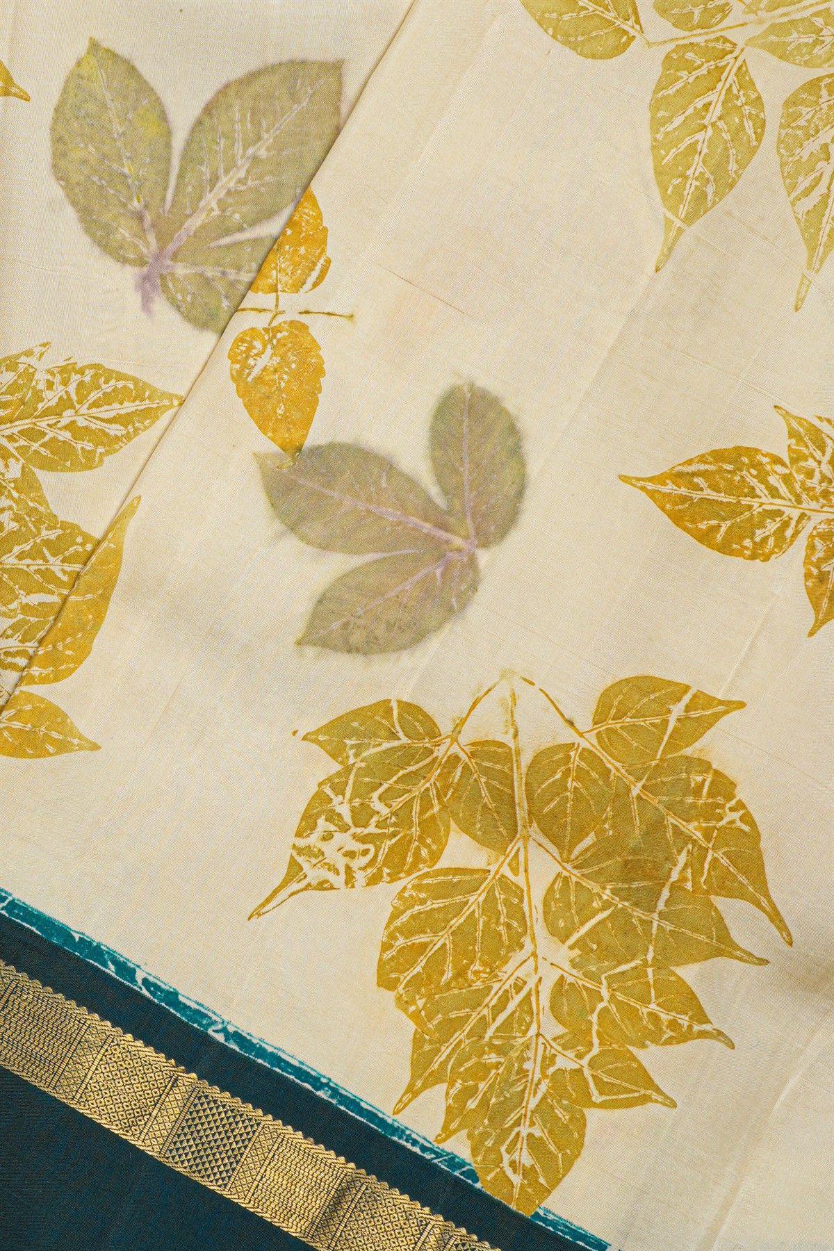 Kancheepuram Eco Print Silk Off White Saree