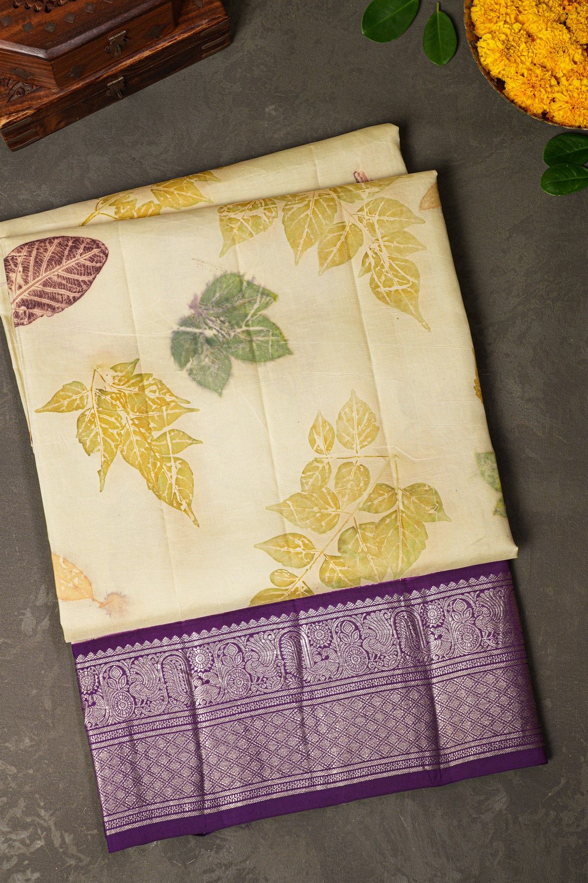 Kancheepuram Eco Print Silk Cream Saree