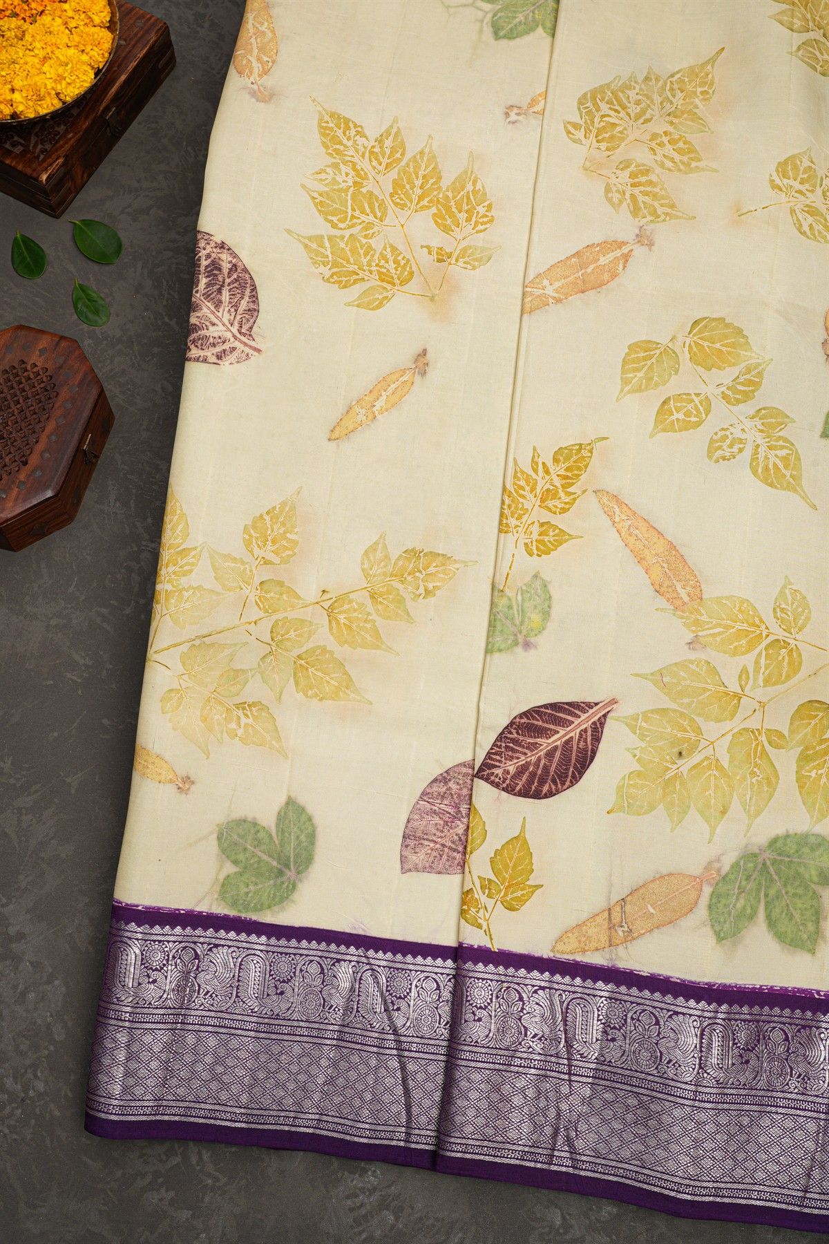 Kancheepuram Eco Print Silk Cream Saree