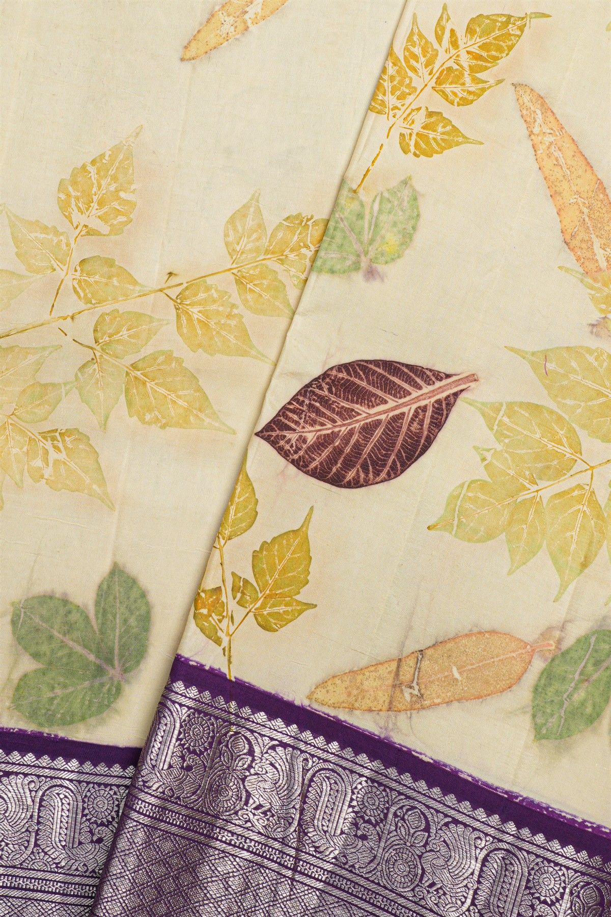 Kancheepuram Eco Print Silk Cream Saree