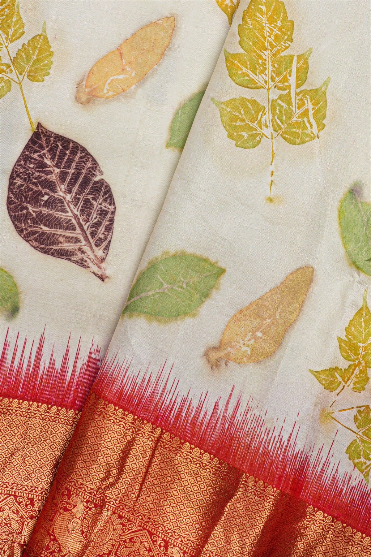 Kancheepuram Eco Print Silk Off White Saree