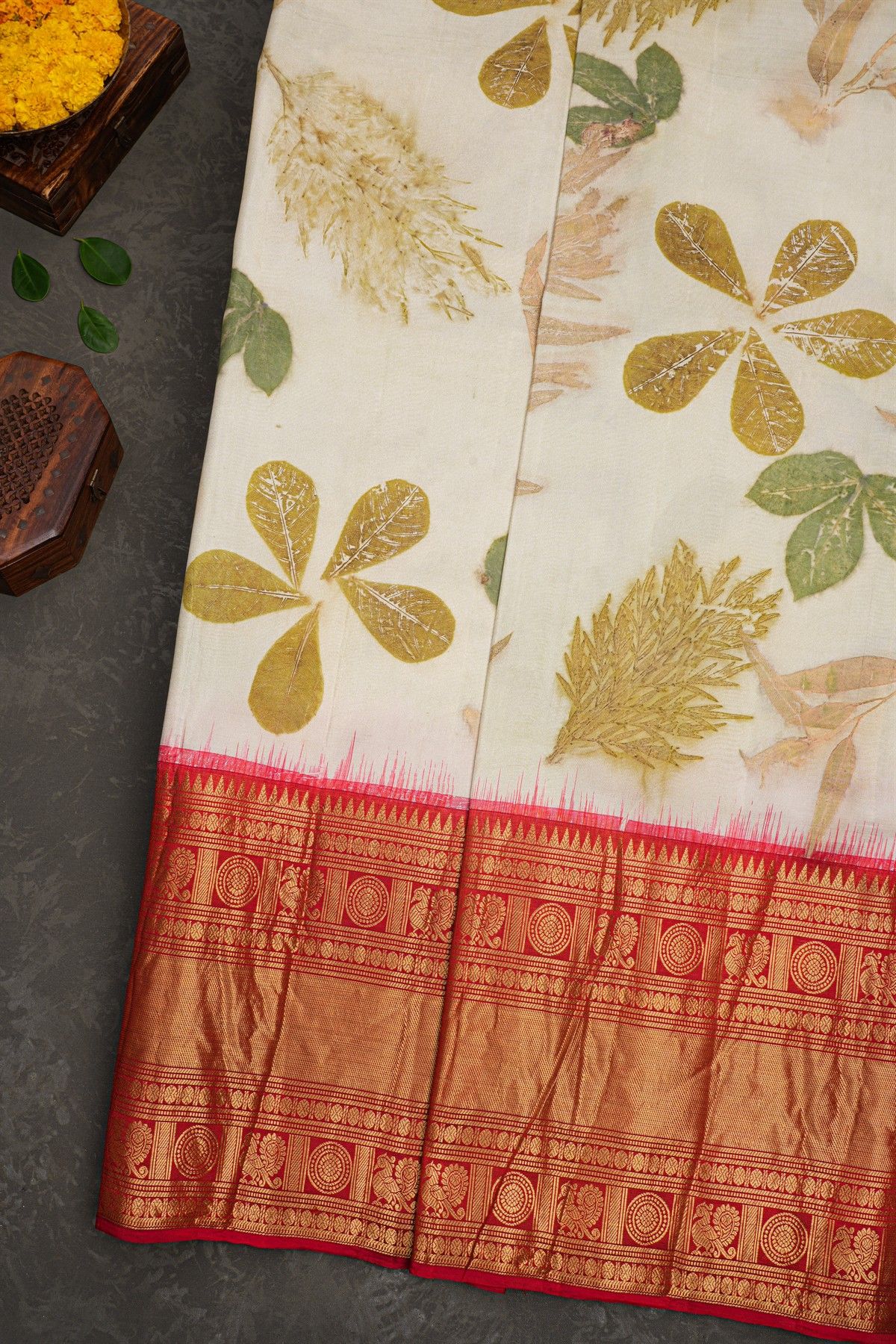 Kancheepuram Eco Print Silk Off White Saree