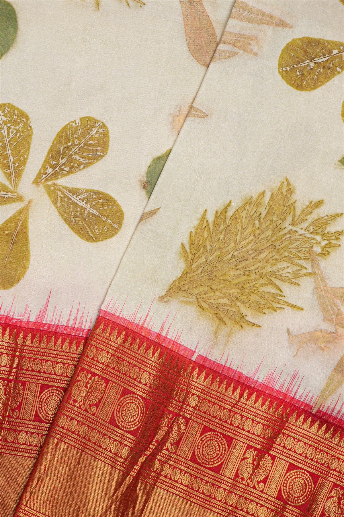 Kancheepuram Eco Print Silk Off White Saree