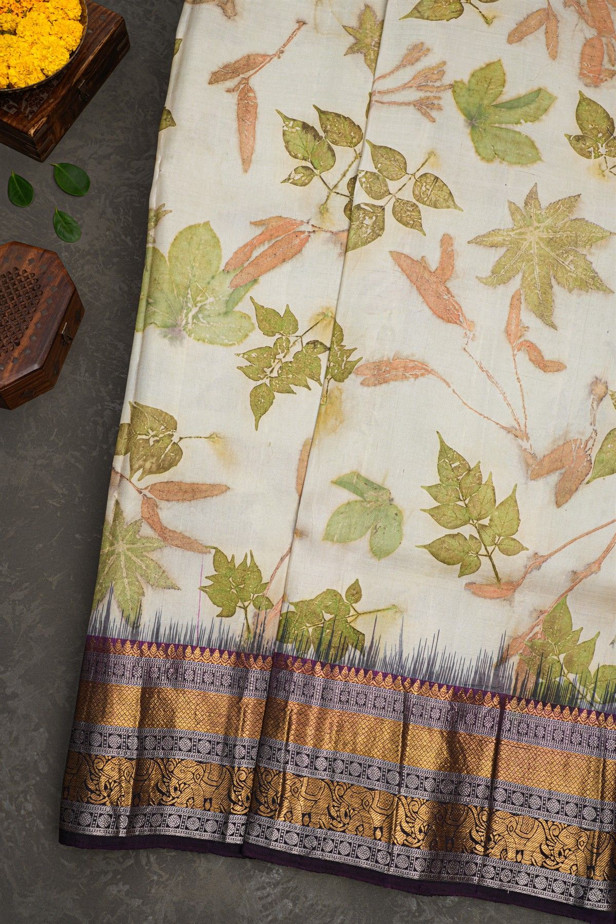 Kancheepuram Eco Print Silk Off White Saree