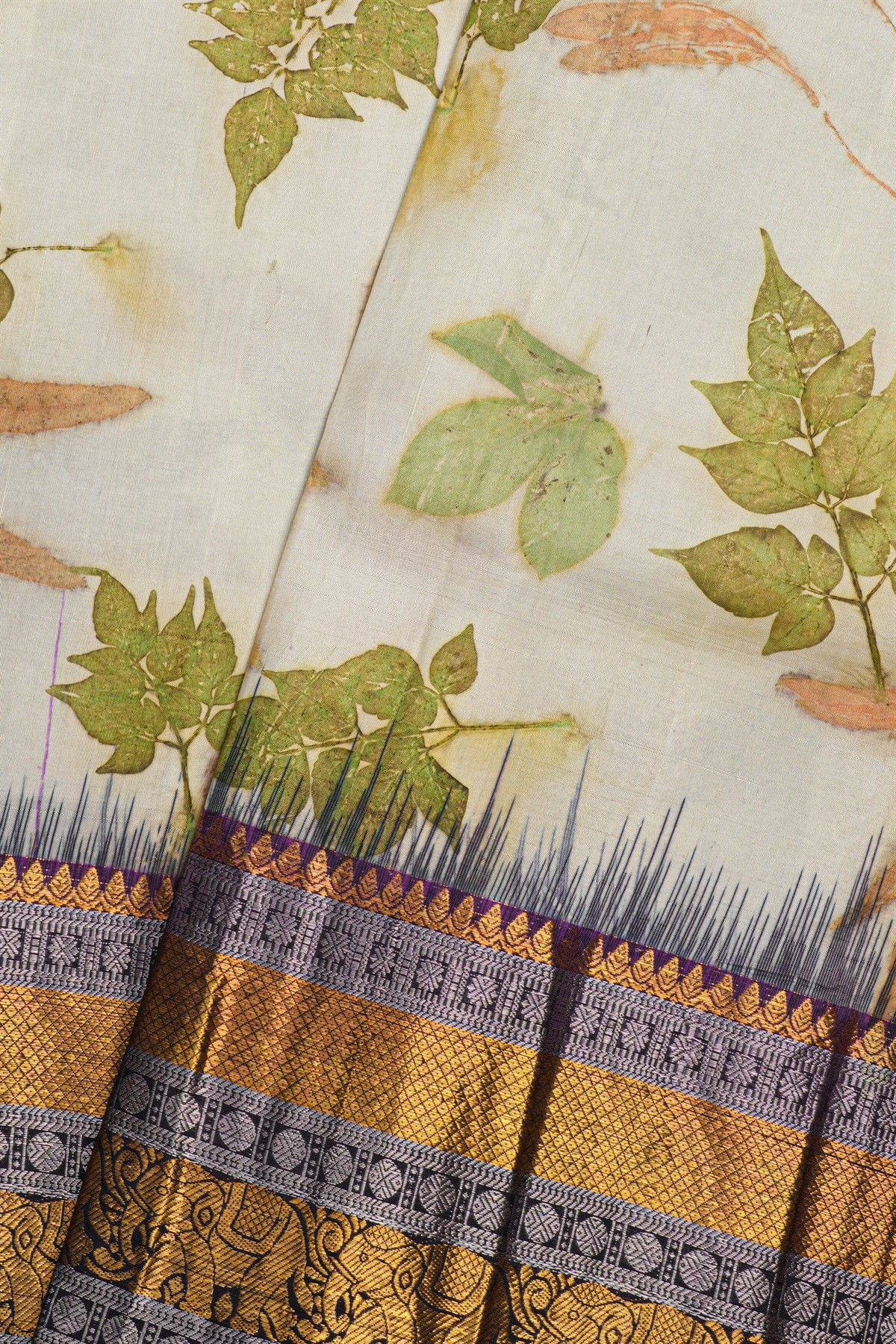 Kancheepuram Eco Print Silk Off White Saree