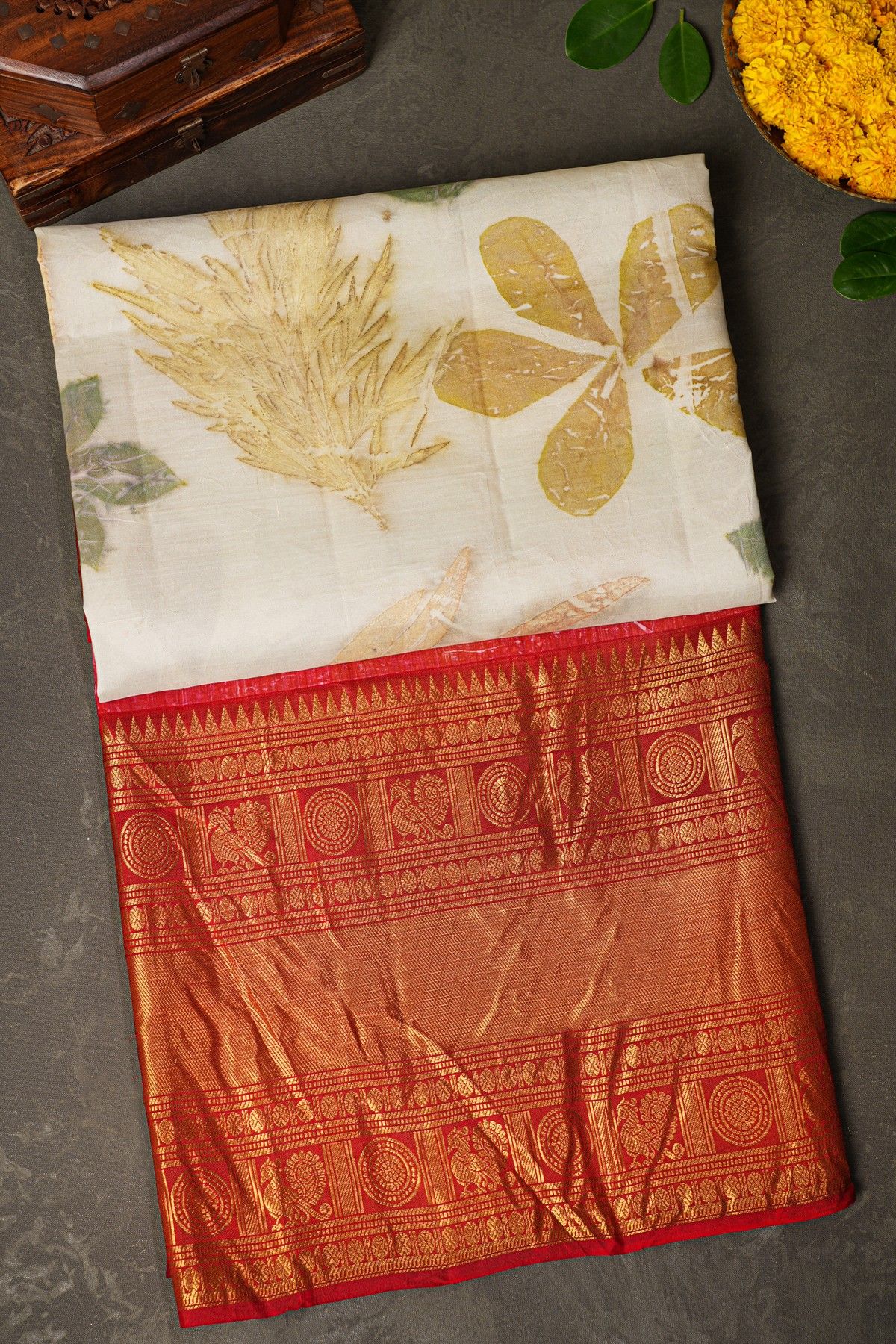 Kancheepuram Eco Print Silk Off White Saree