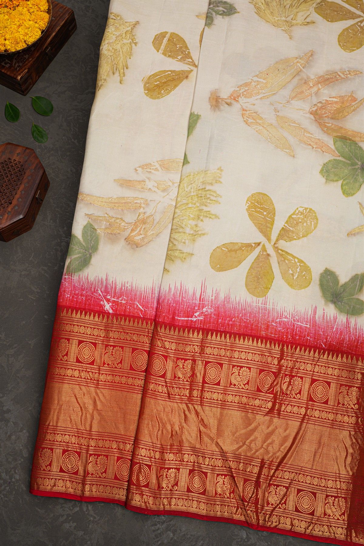 Kancheepuram Eco Print Silk Off White Saree