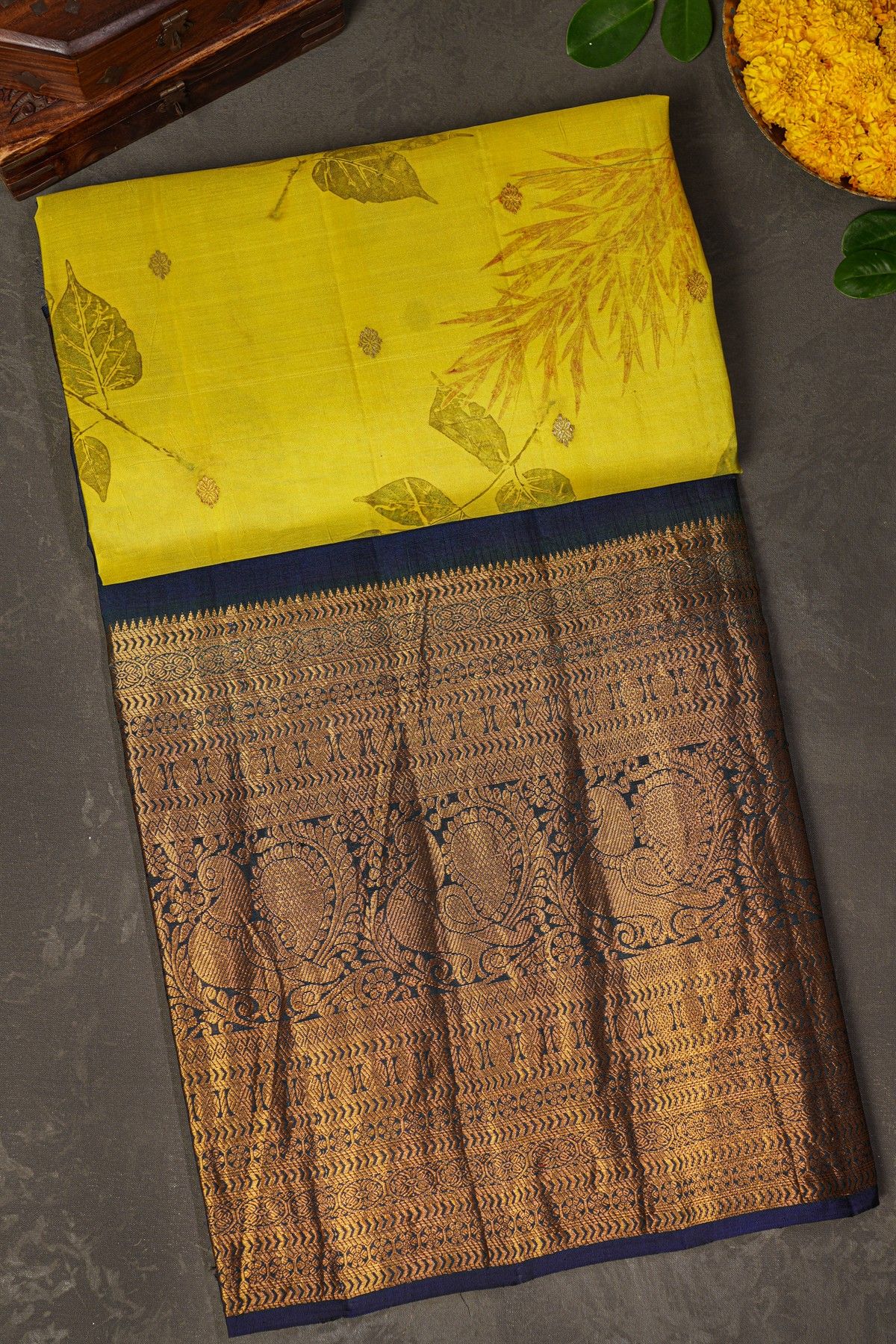Kancheepuram Eco Print Silk Yellow Saree