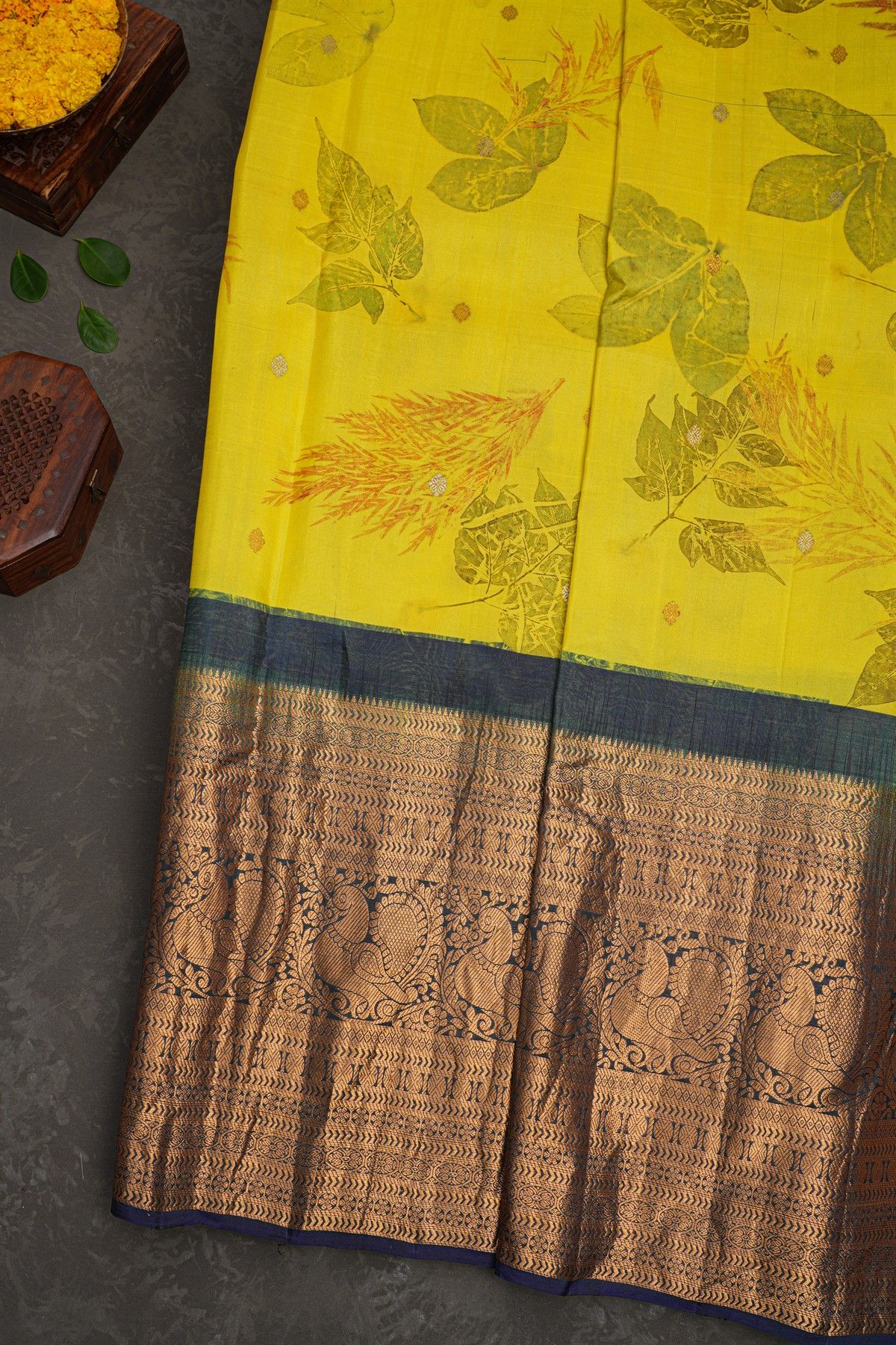Kancheepuram Eco Print Silk Yellow Saree