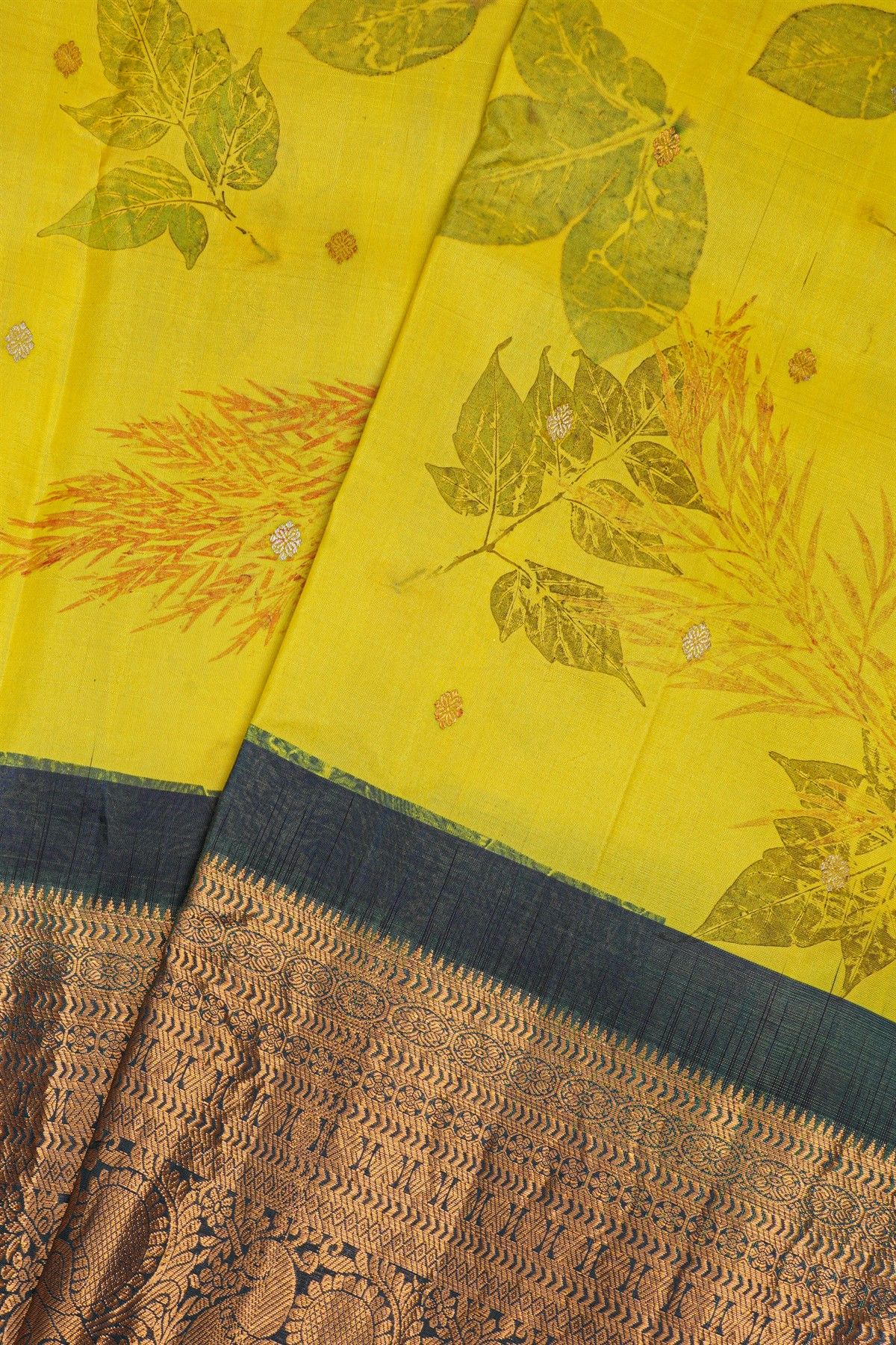 Kancheepuram Eco Print Silk Yellow Saree