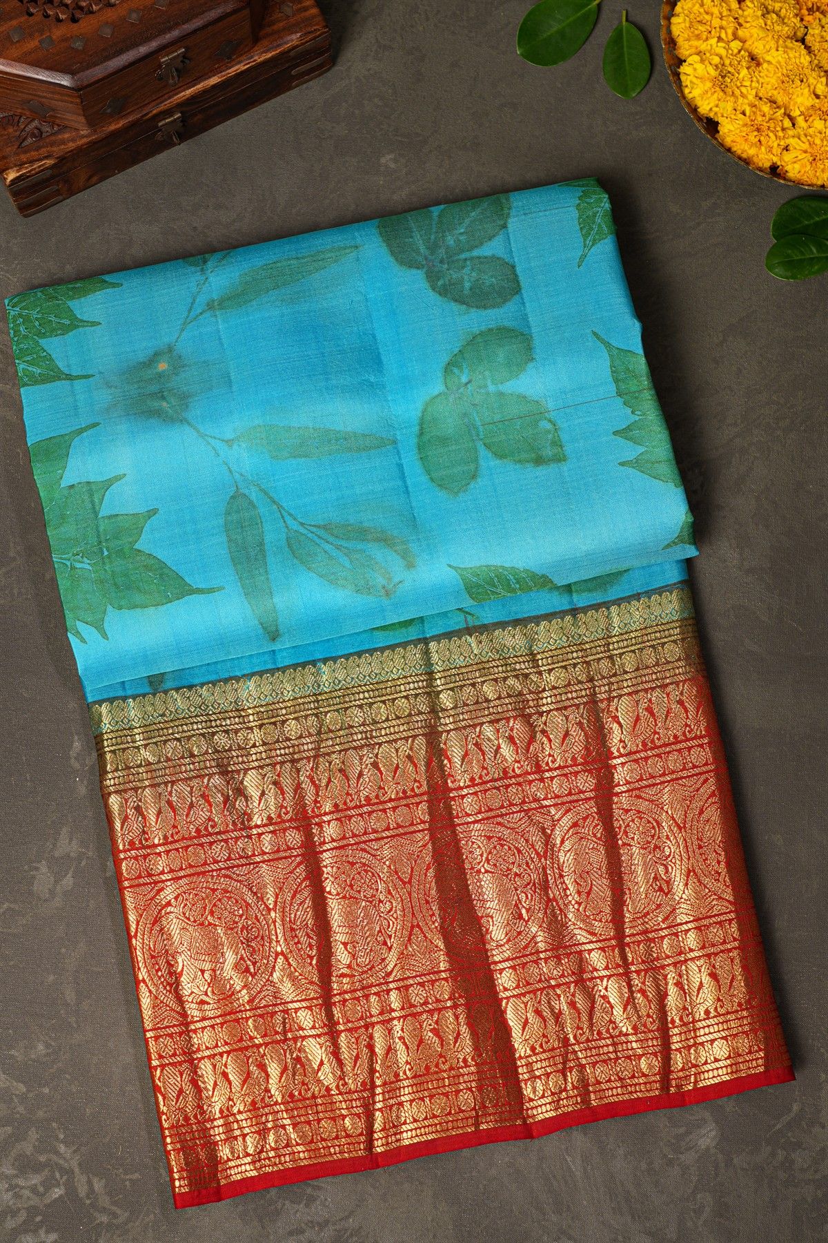 Kancheepuram Eco Print Silk Sky Blue Saree