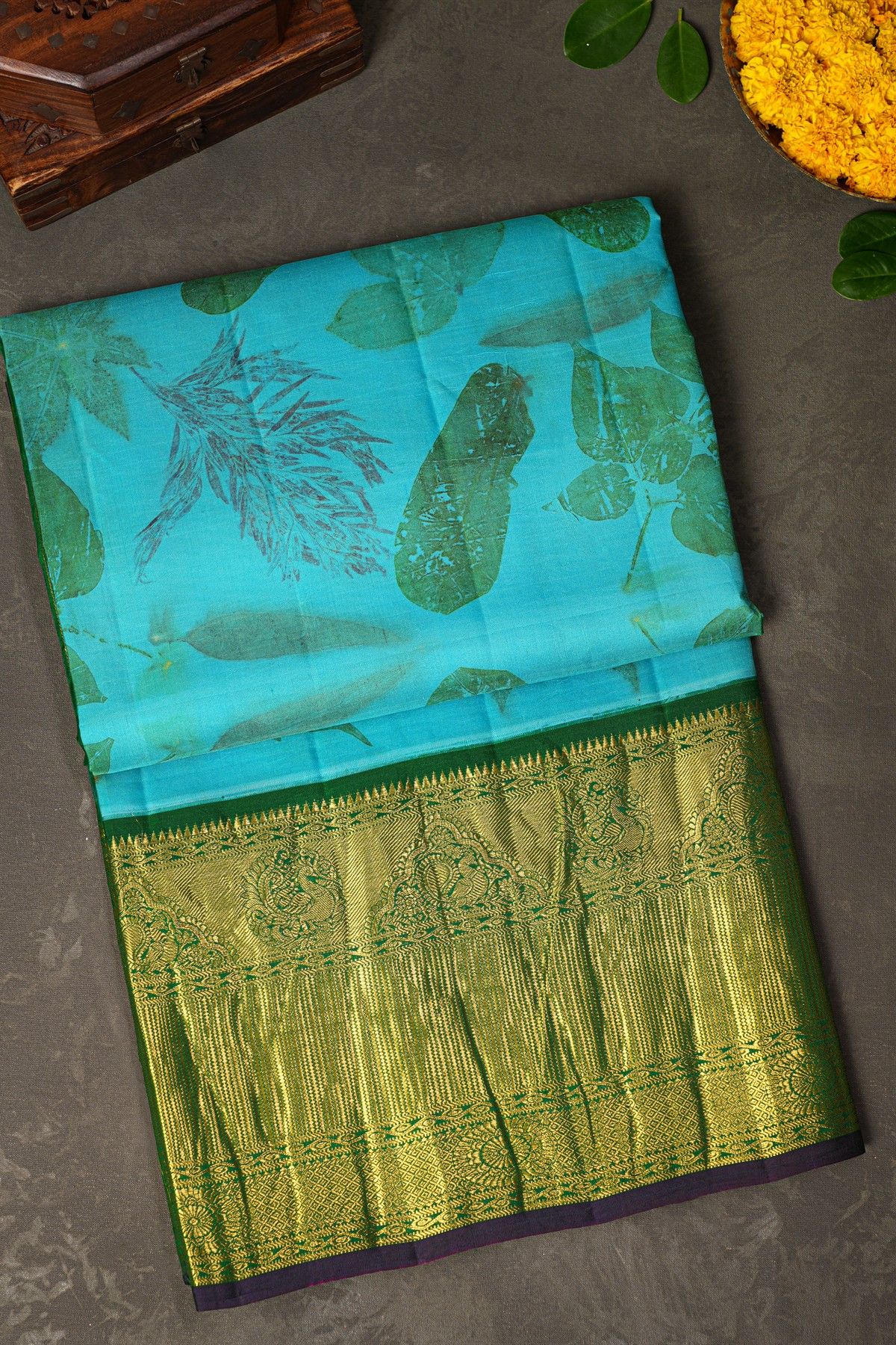Kancheepuram Eco Print Silk Sky Blue Saree