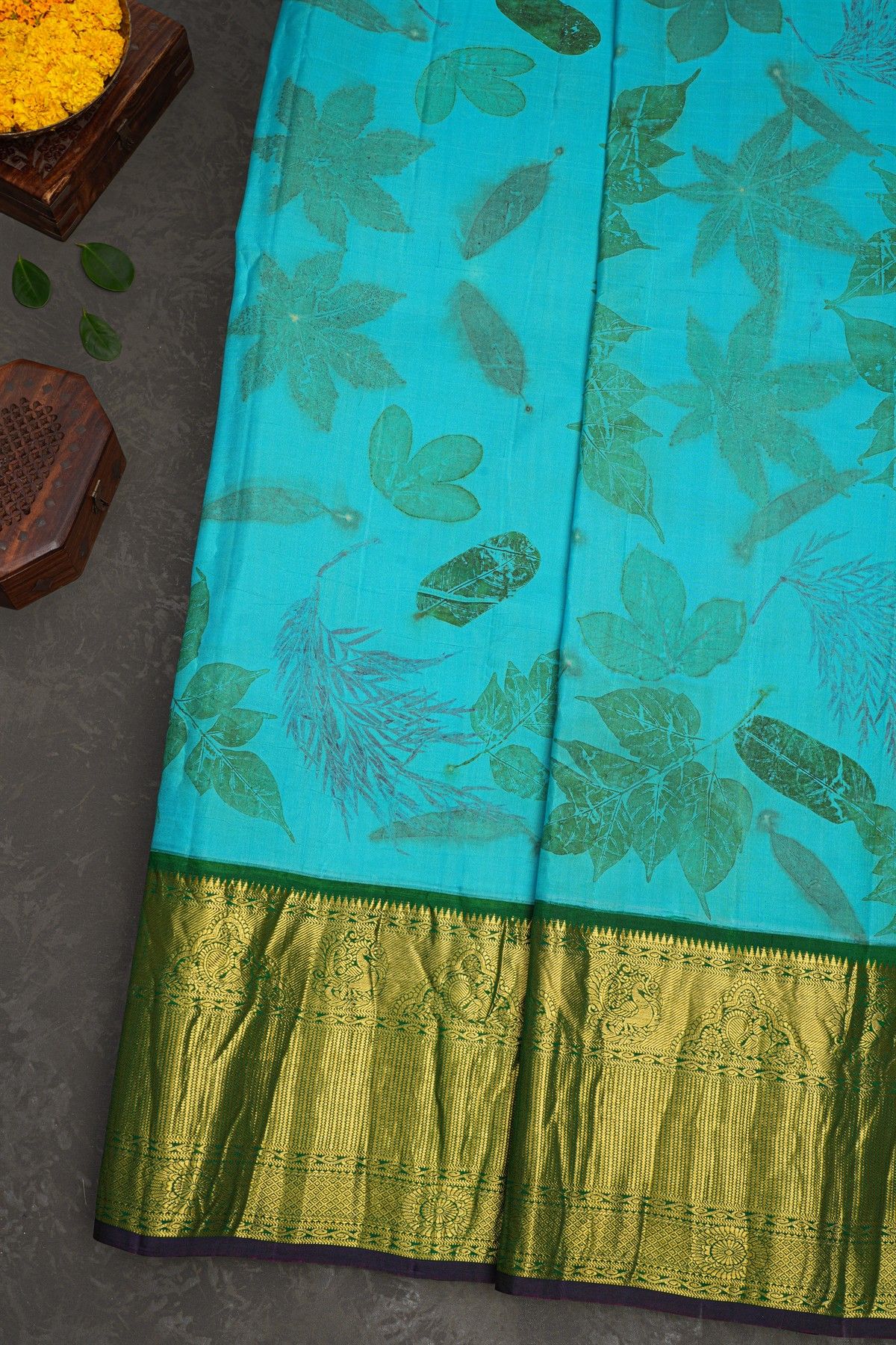Kancheepuram Eco Print Silk Sky Blue Saree