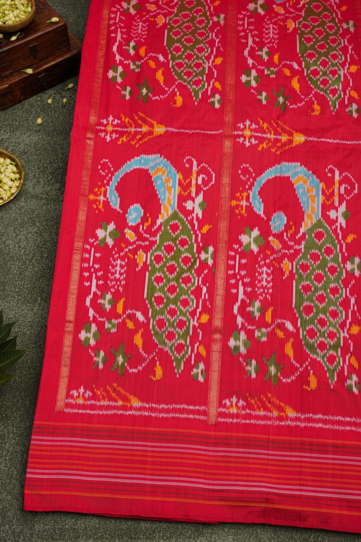 Ikat Silk Bottle Green Saree