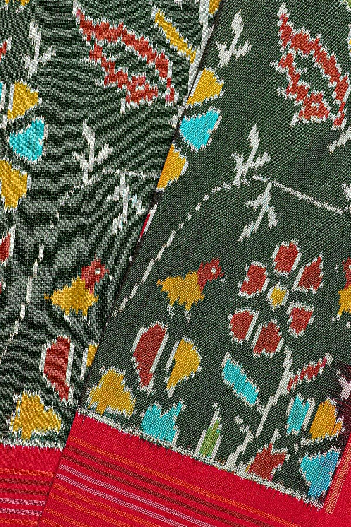 Ikat Silk Bottle Green Saree