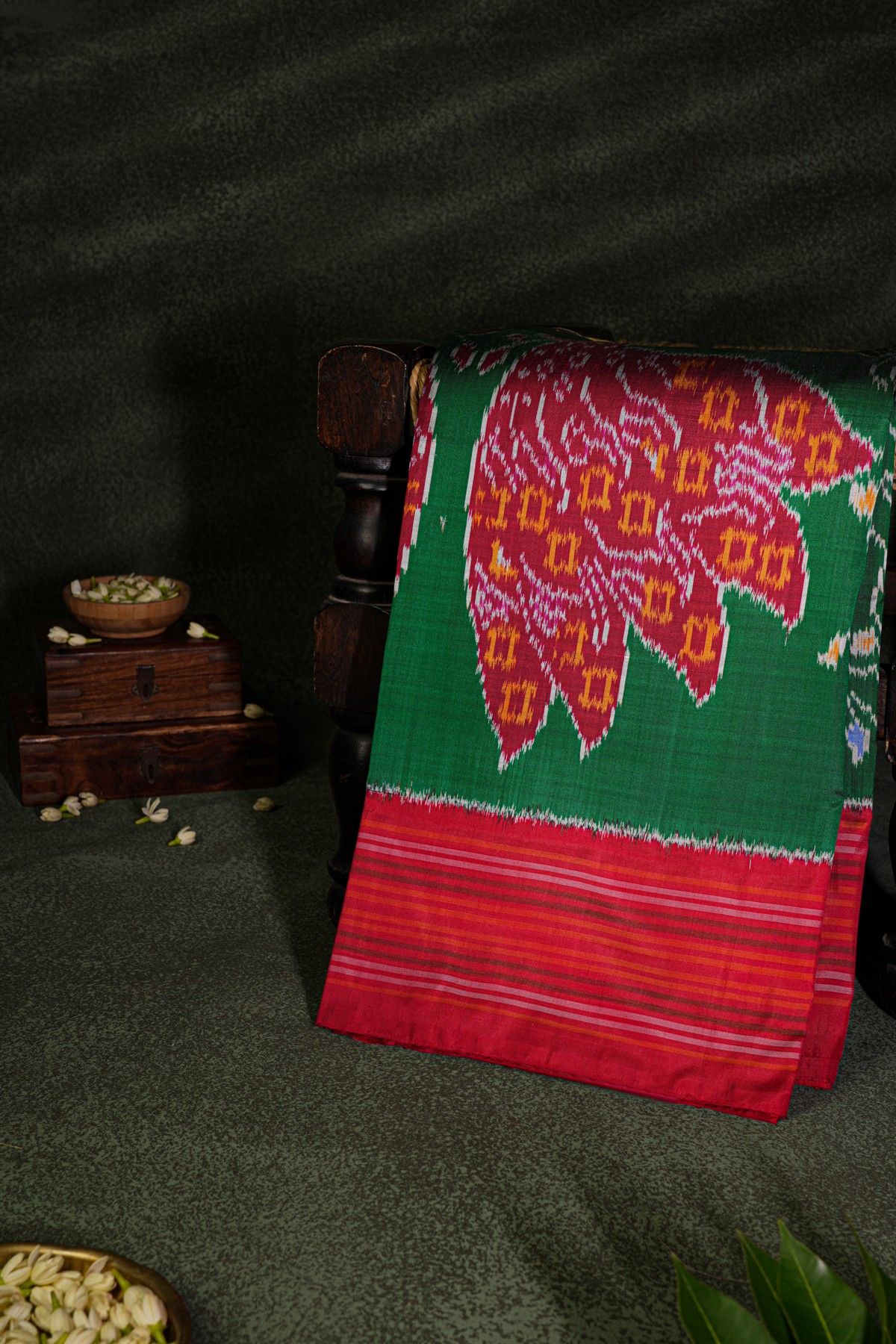 Ikat Silk Bottle Green Saree