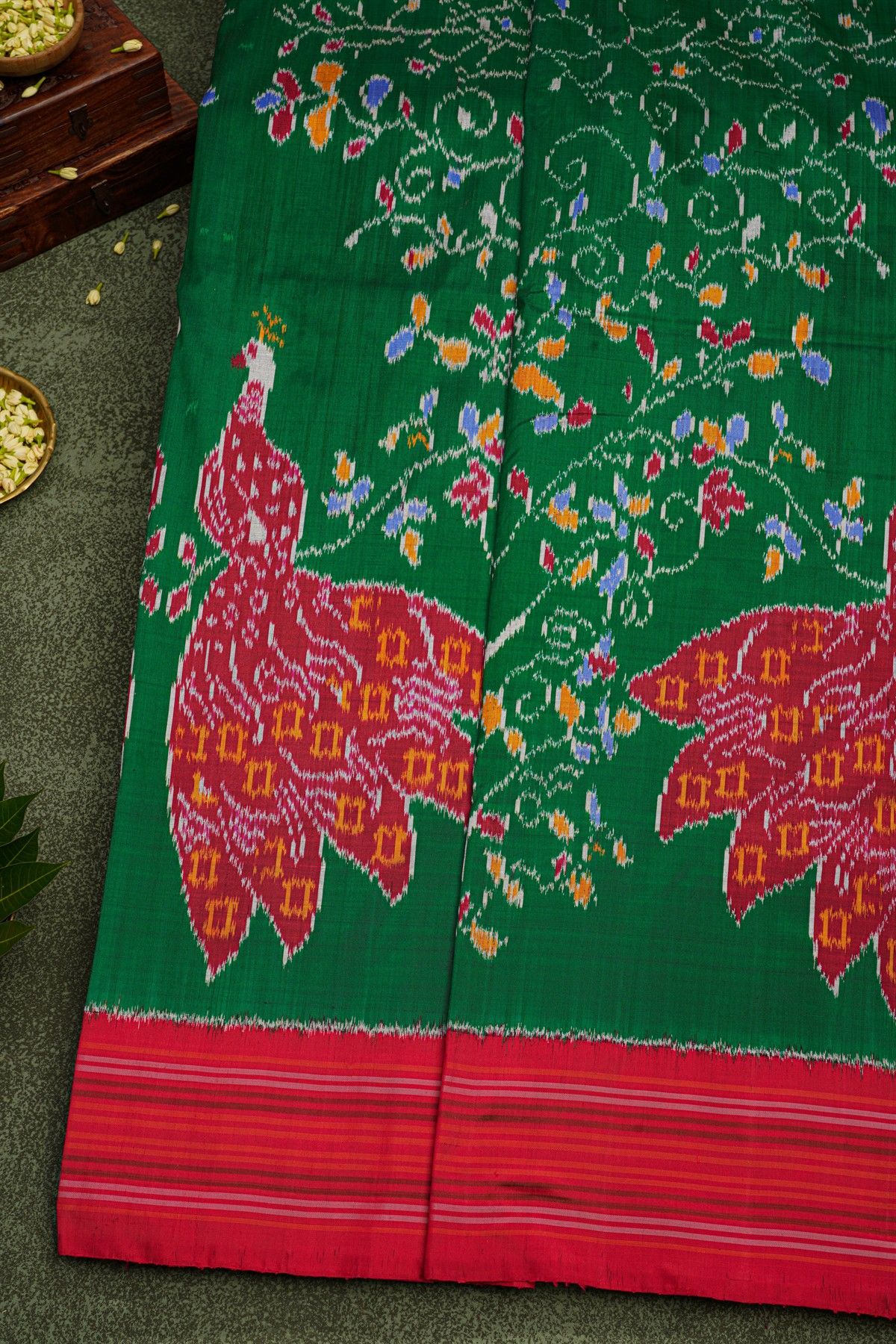 Ikat Silk Bottle Green Saree