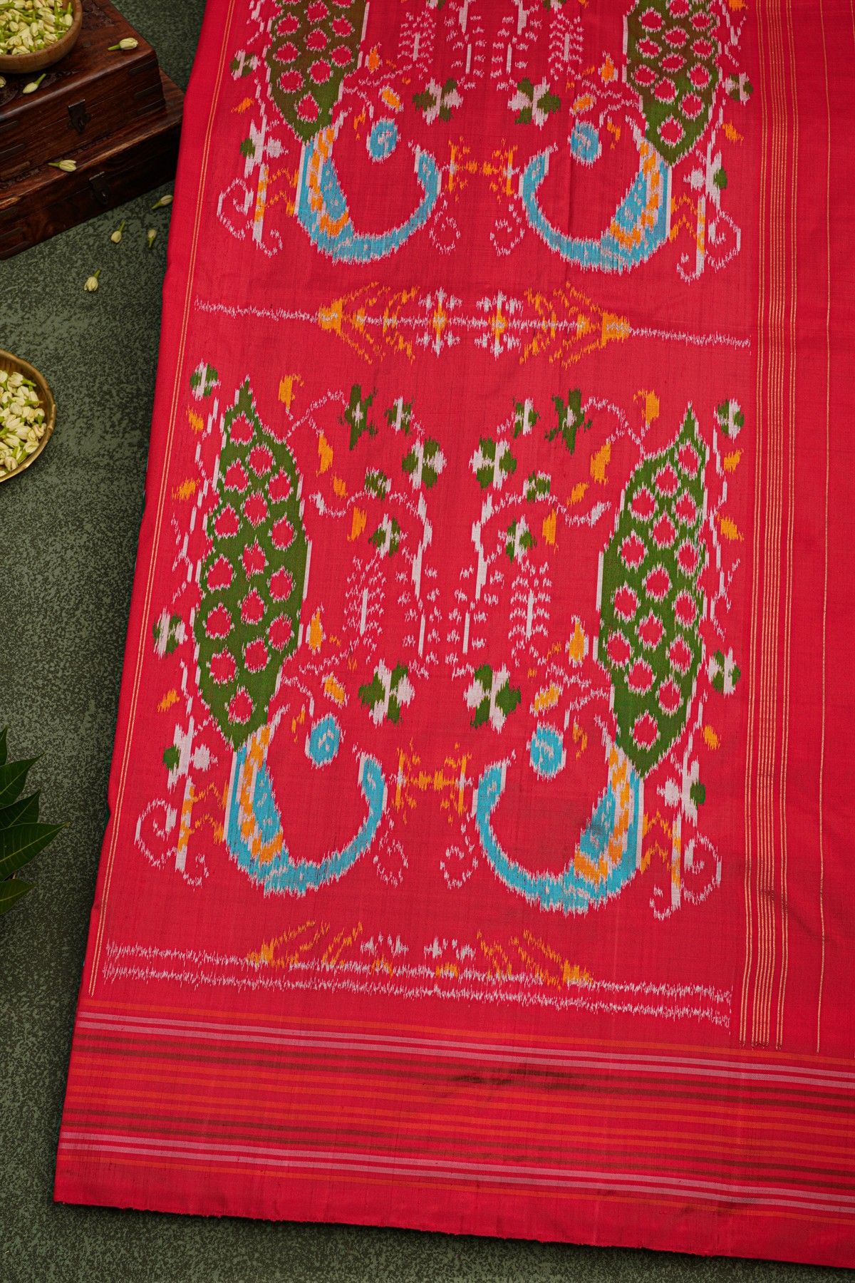 Ikat Silk Bottle Green Saree