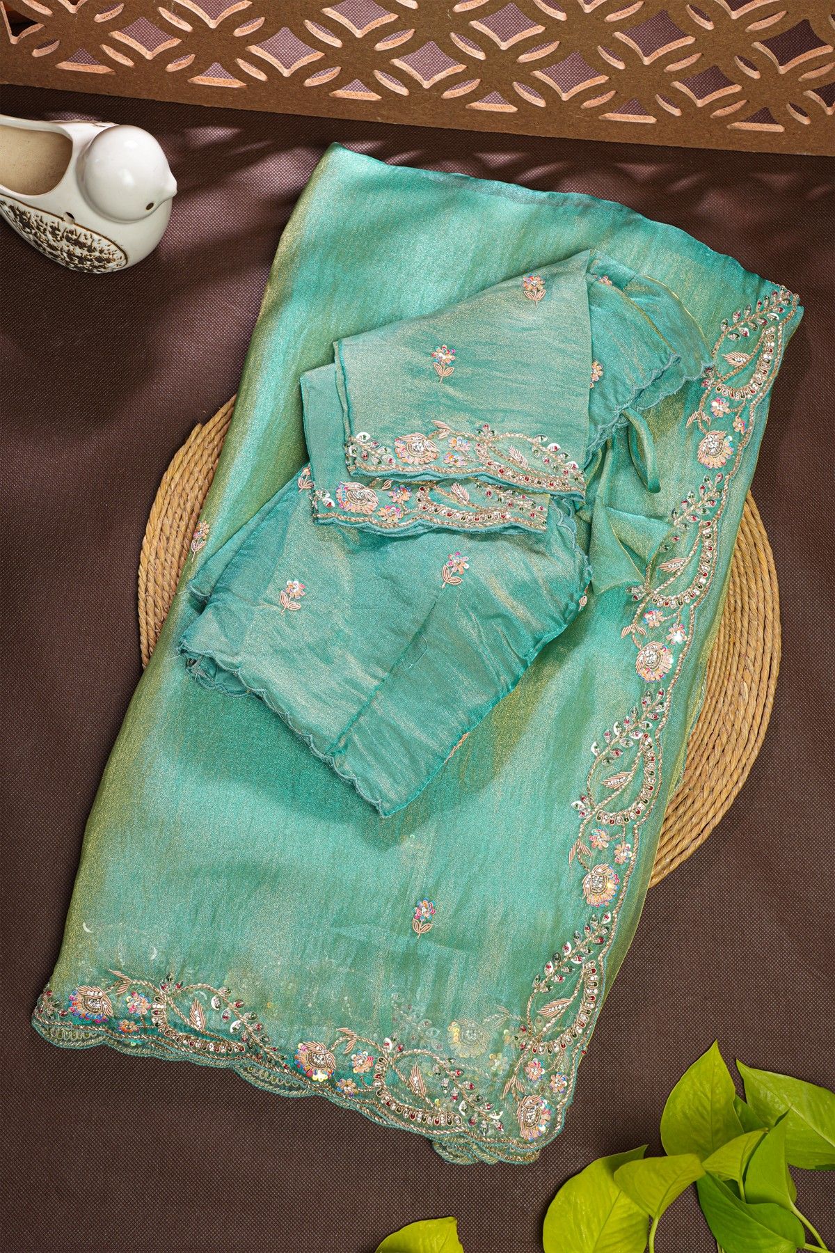 Designer Tissue Sea Green Saree