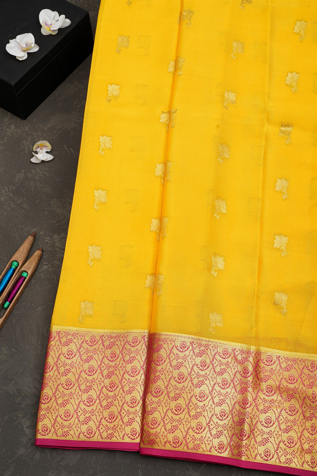 Mysore Crepe Yellow Saree