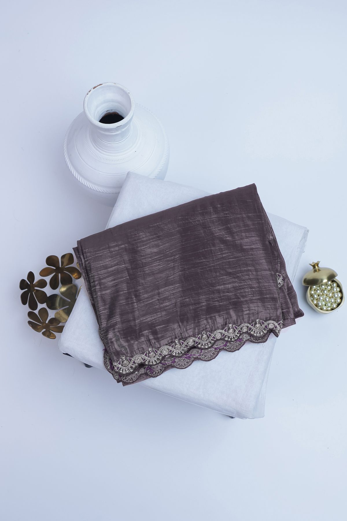 Designer Organza Brown Saree