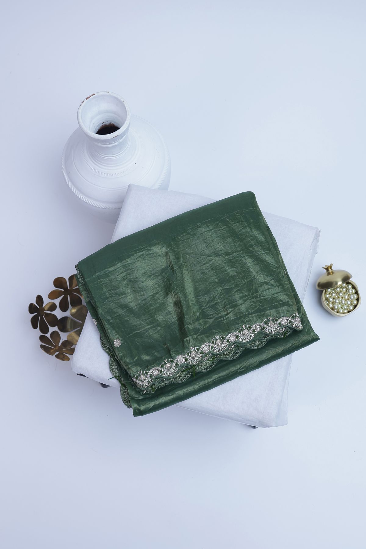 Designer Satin Organza Bottle Green Saree