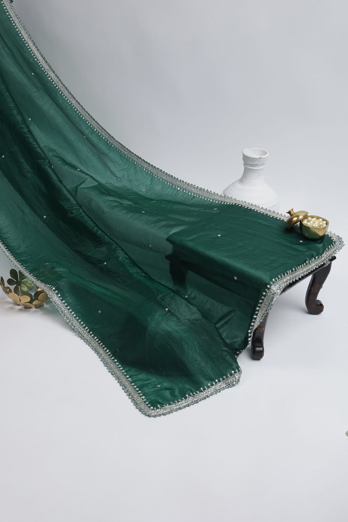 Designer Satin Organza Bottle Green Saree