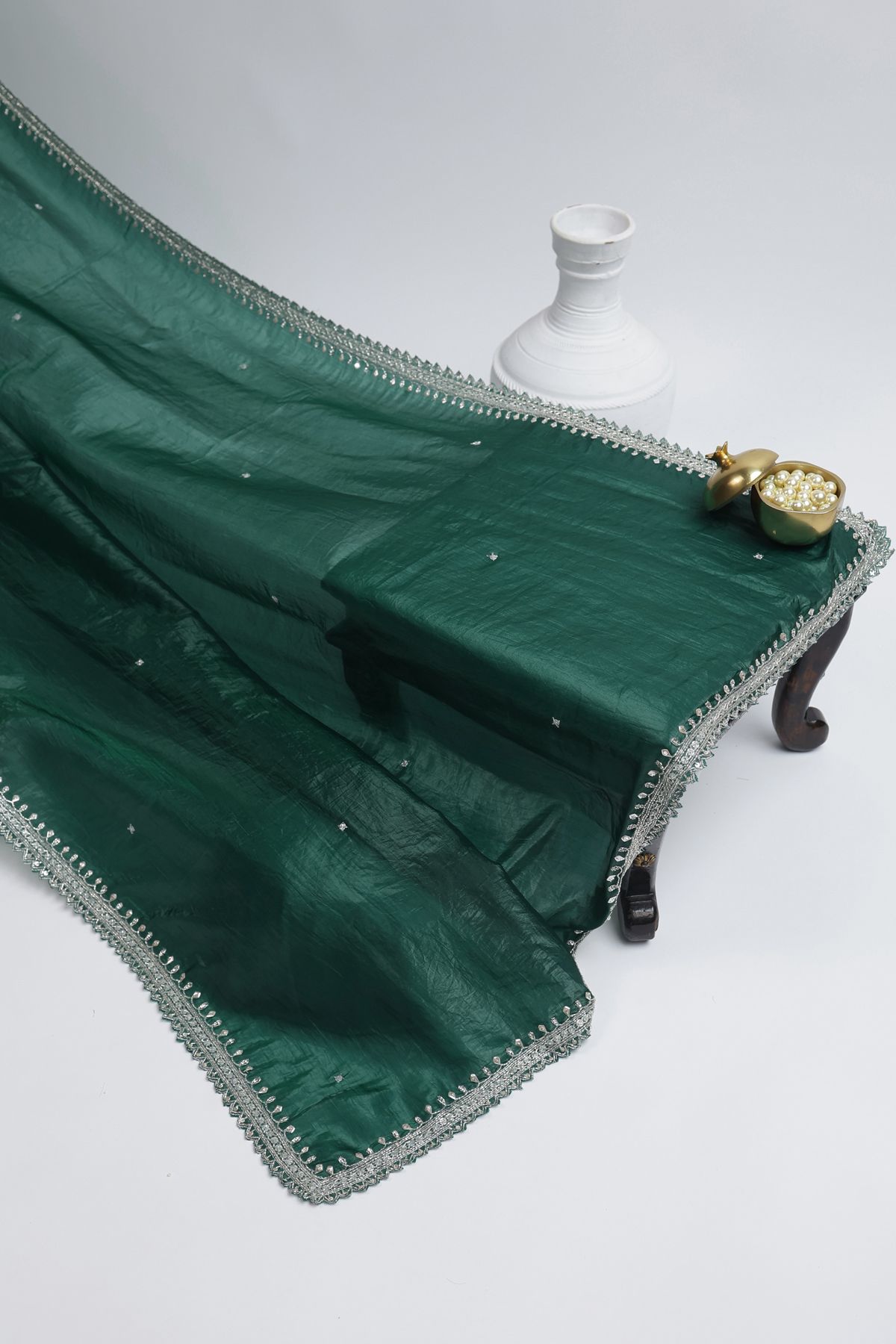 Designer Satin Organza Bottle Green Saree