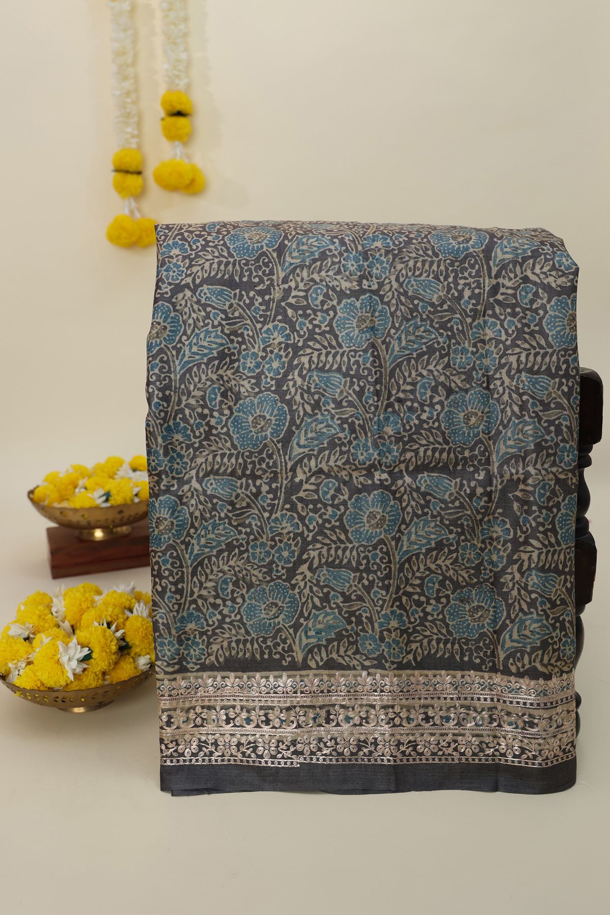 Designer Tussar Dark Grey Saree