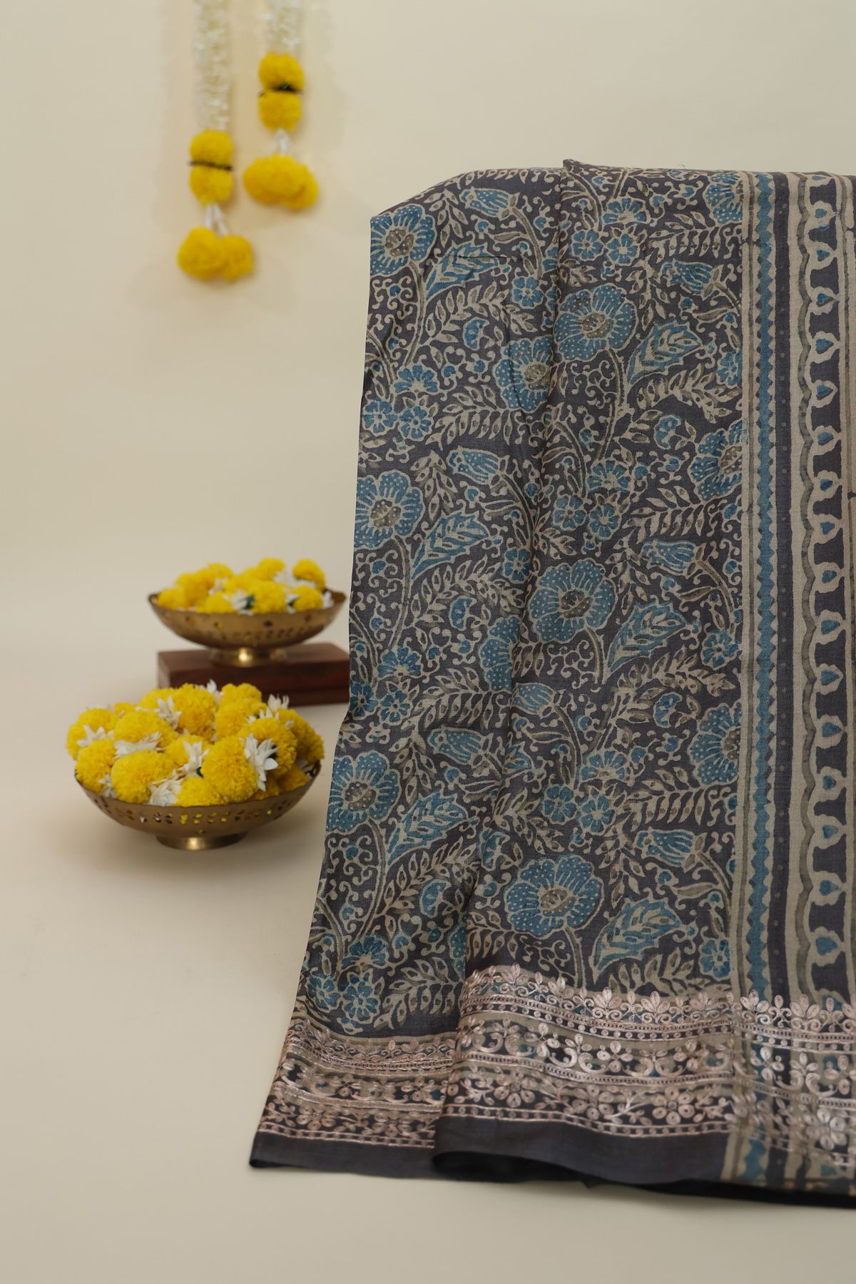 Designer Tussar Dark Grey Saree