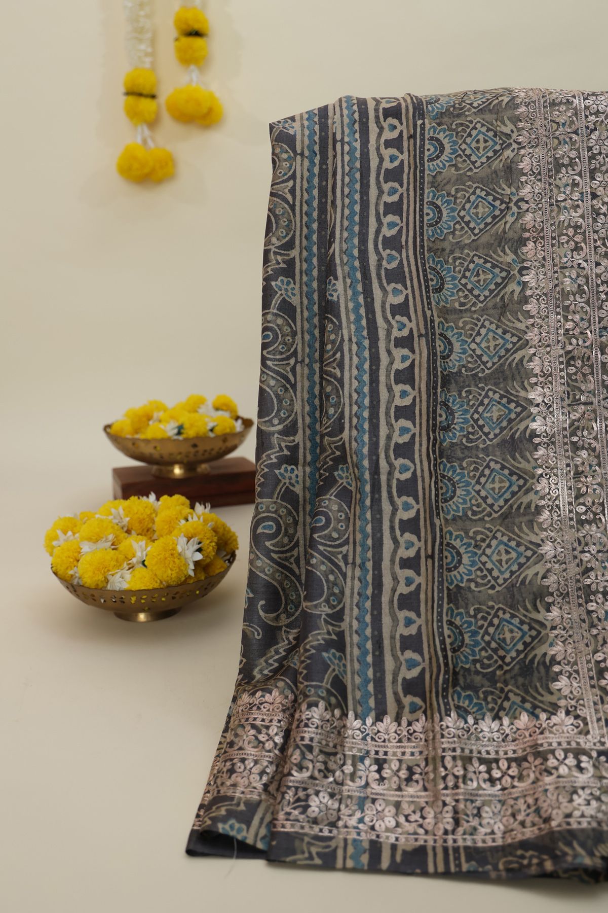 Designer Tussar Dark Grey Saree