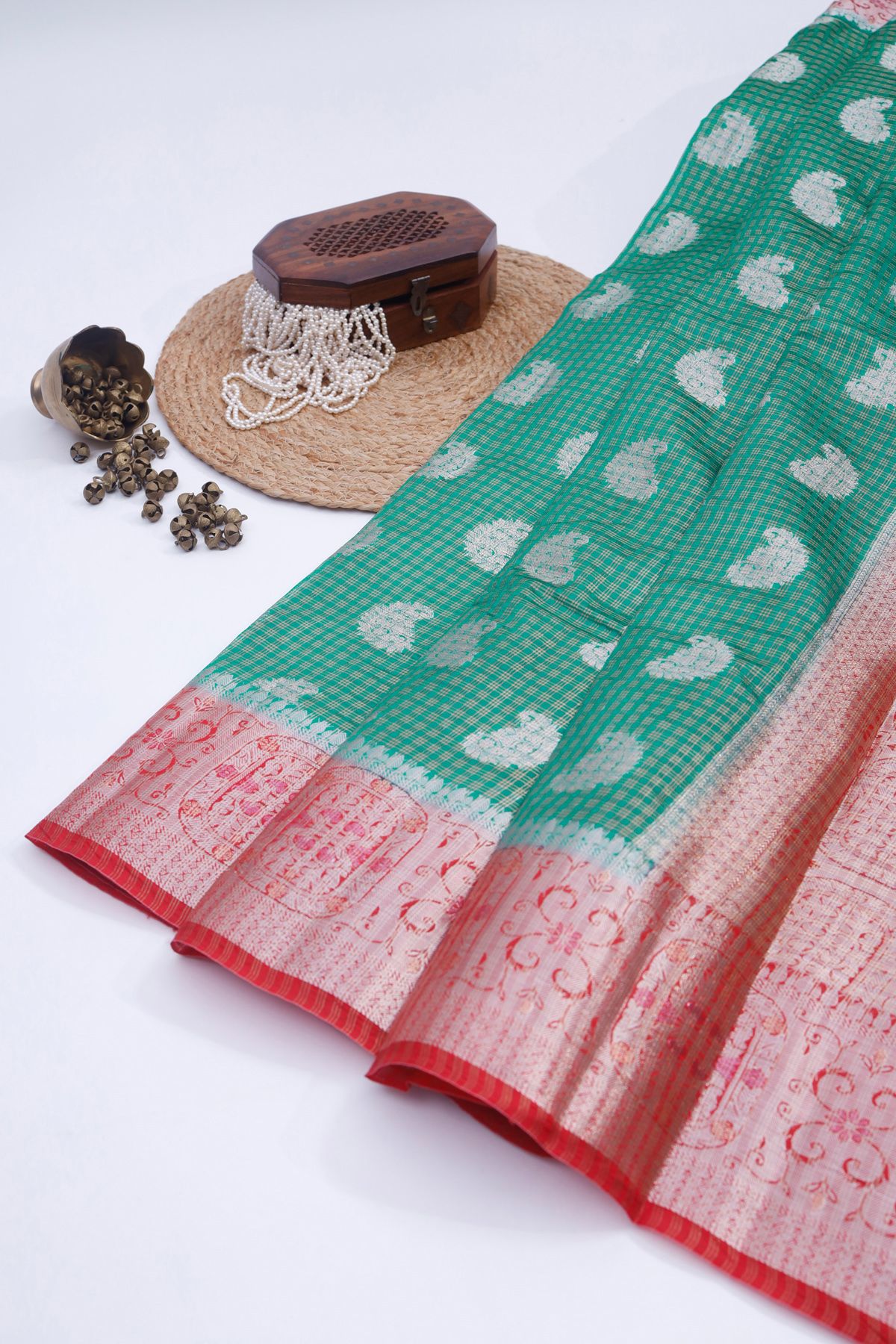 Designer Chiniya Bottle Green Saree
