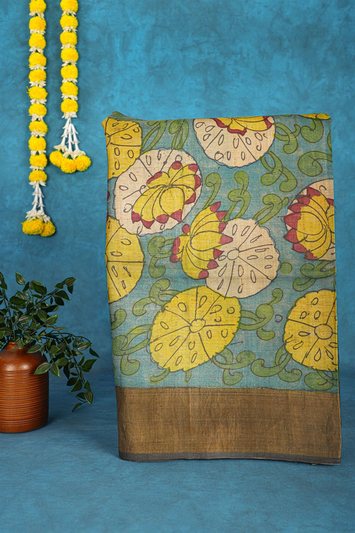 Kalamkari Tussar Blue Saree