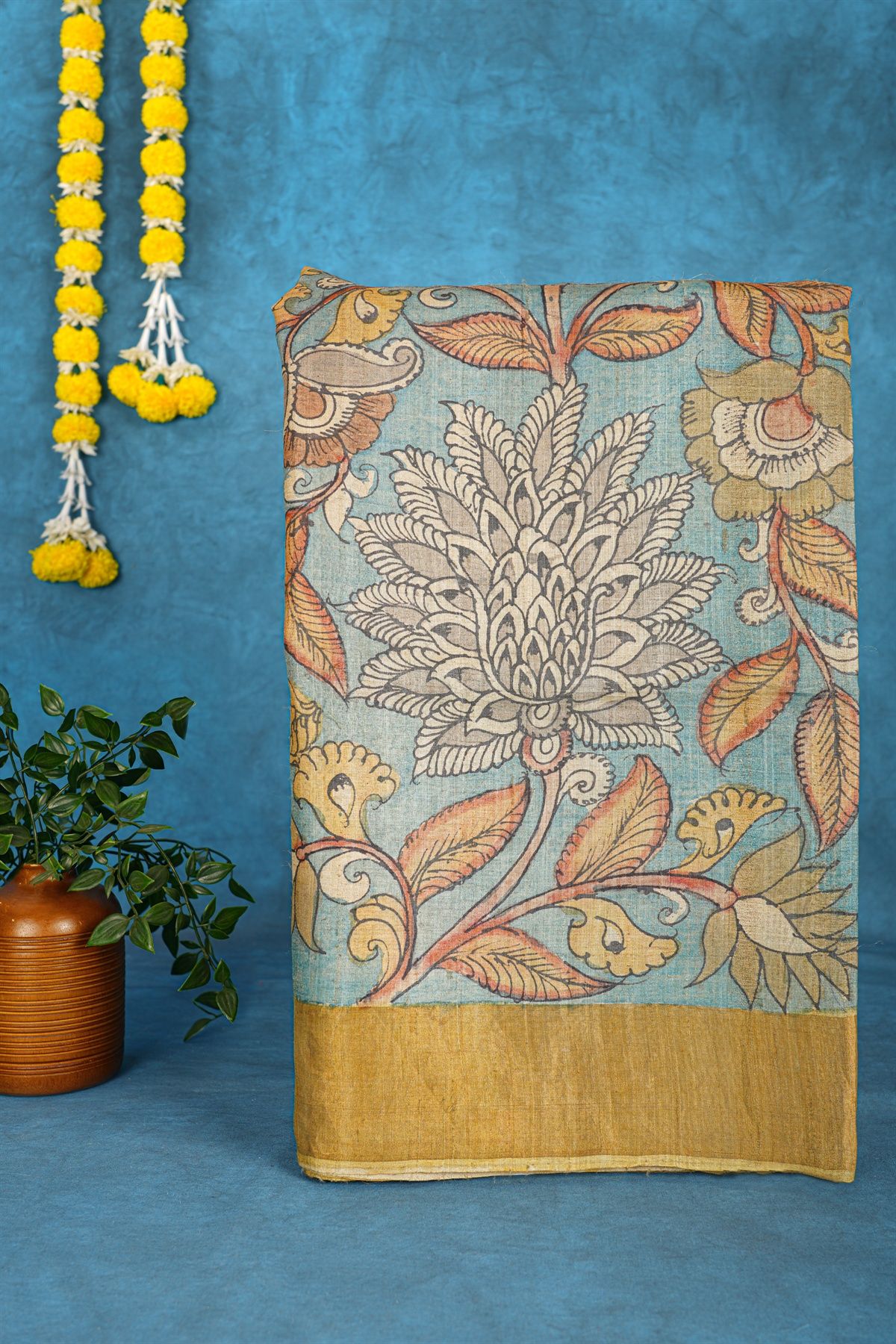 Kalamkari Tussar Blue Saree