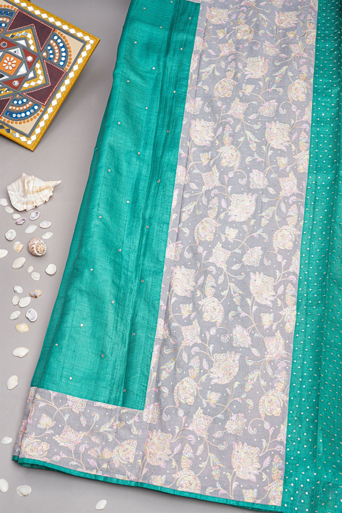 Designer Tussar Teal Green Saree