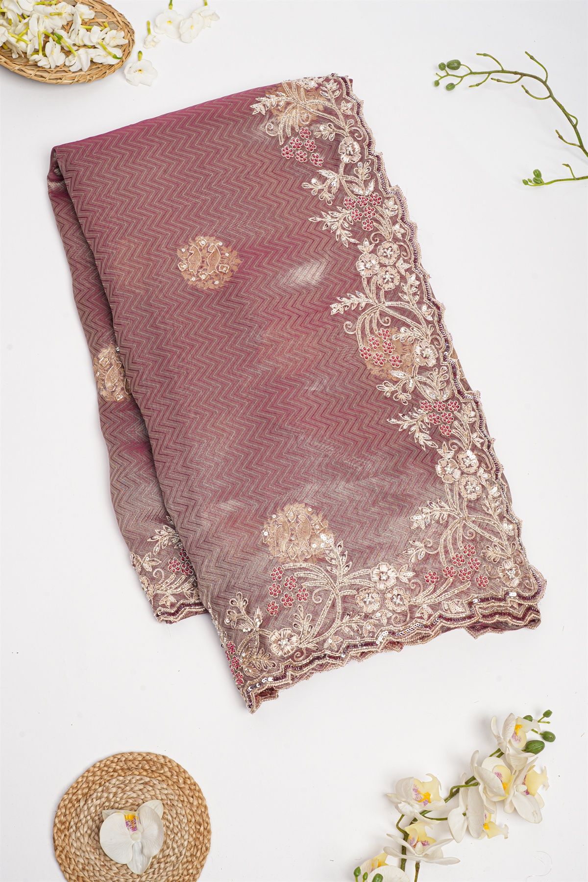 Designer Tissue Georgette Dusty Pink Saree