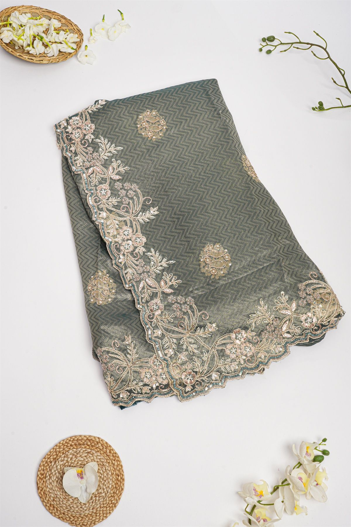 Designer Tissue Georgette Dark Grey Saree