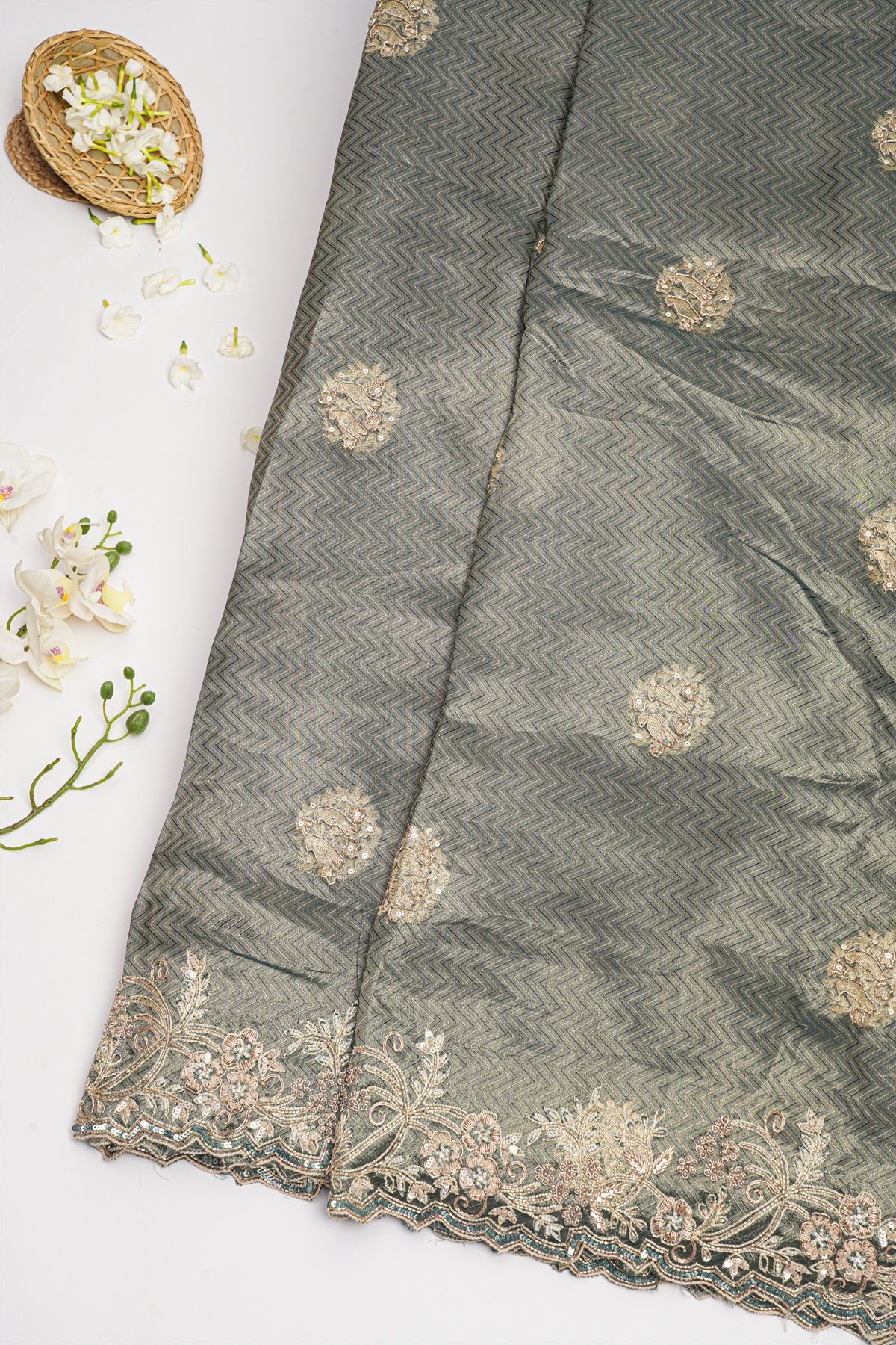 Designer Tissue Georgette Dark Grey Saree