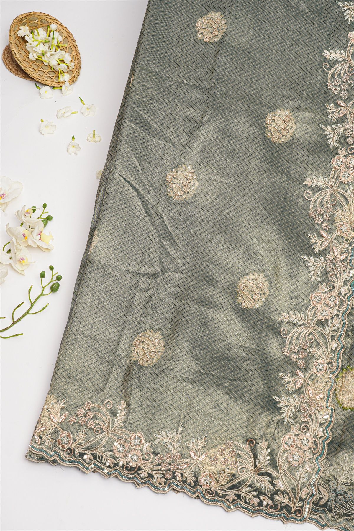 Designer Tissue Georgette Dark Grey Saree