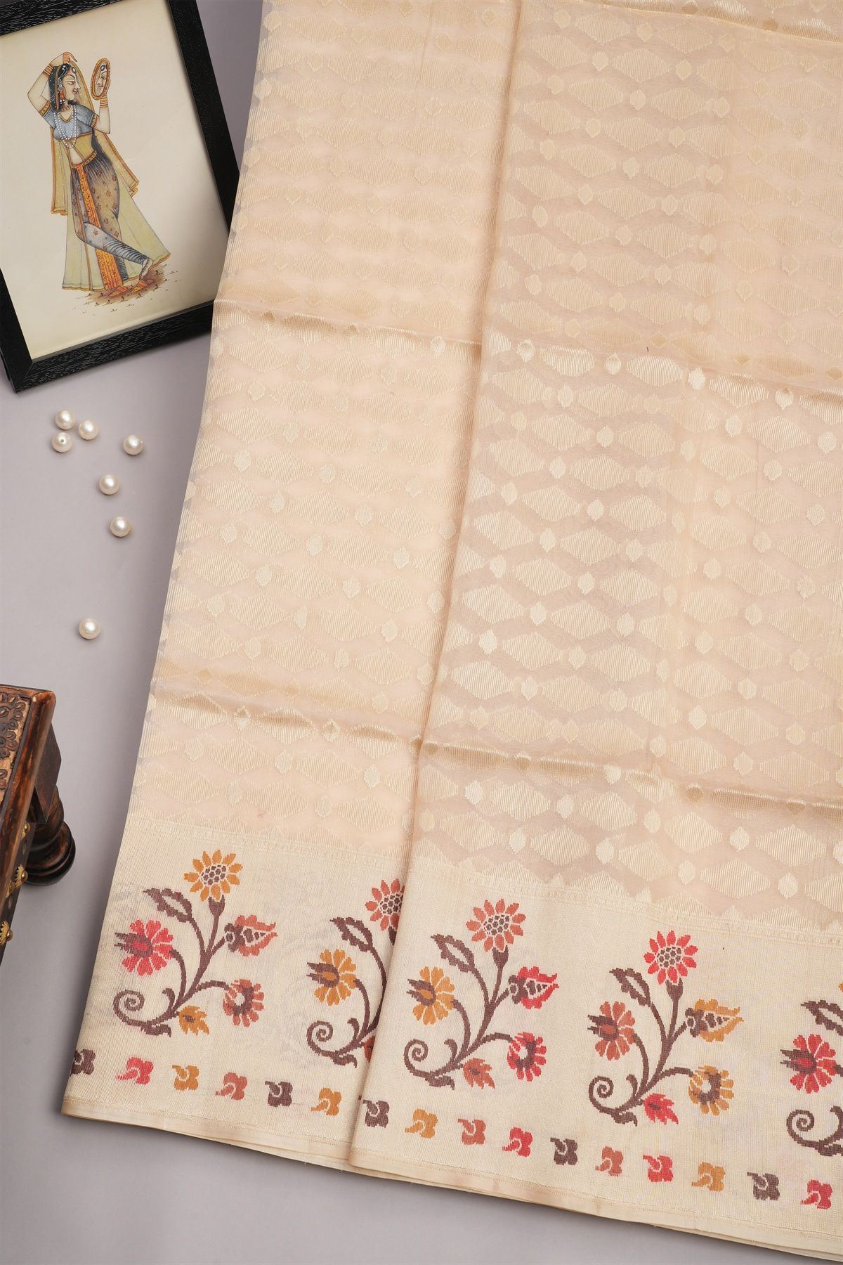 Designer Organza Cream Saree