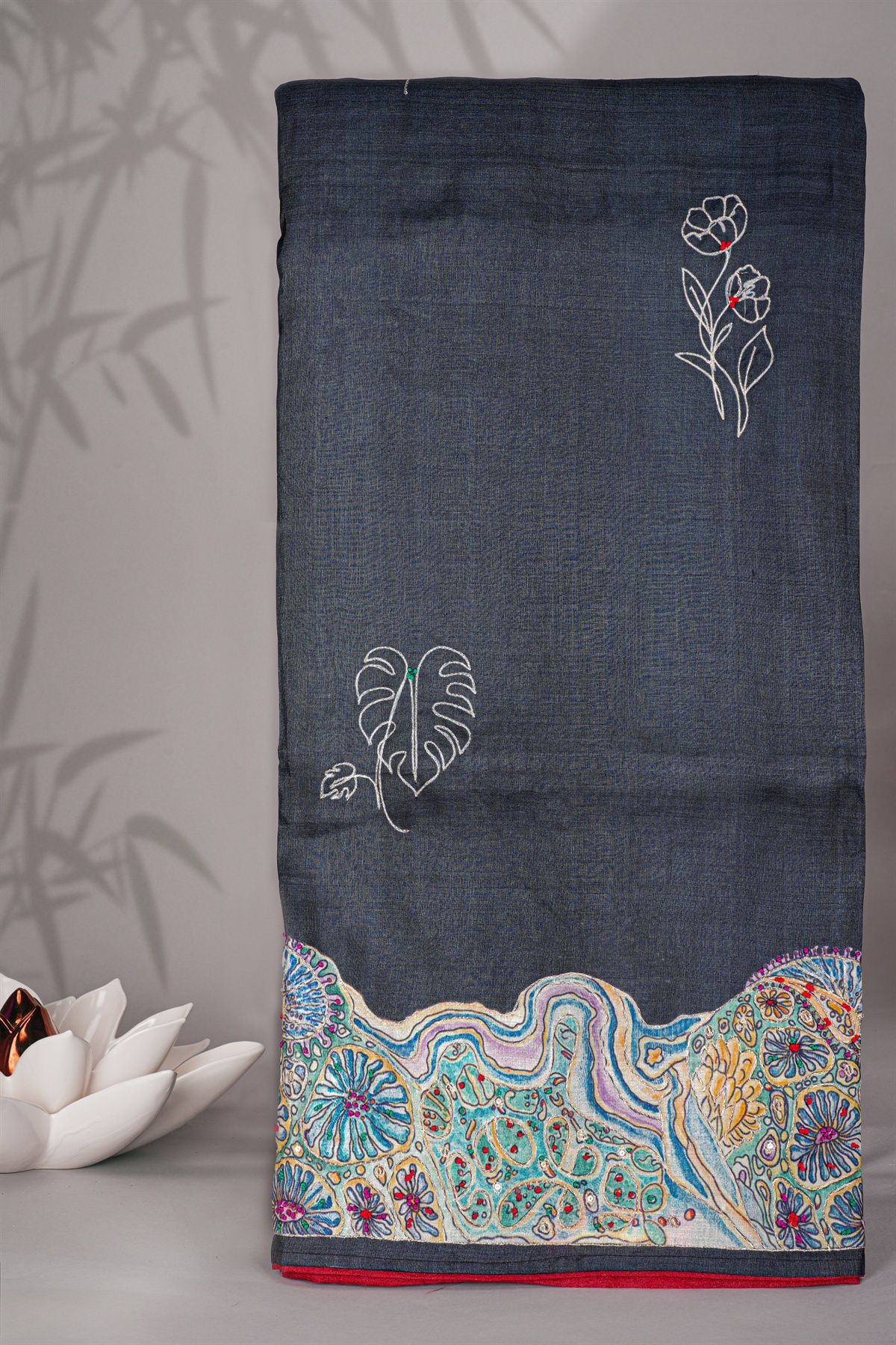 Designer Tussar Dark Grey Saree