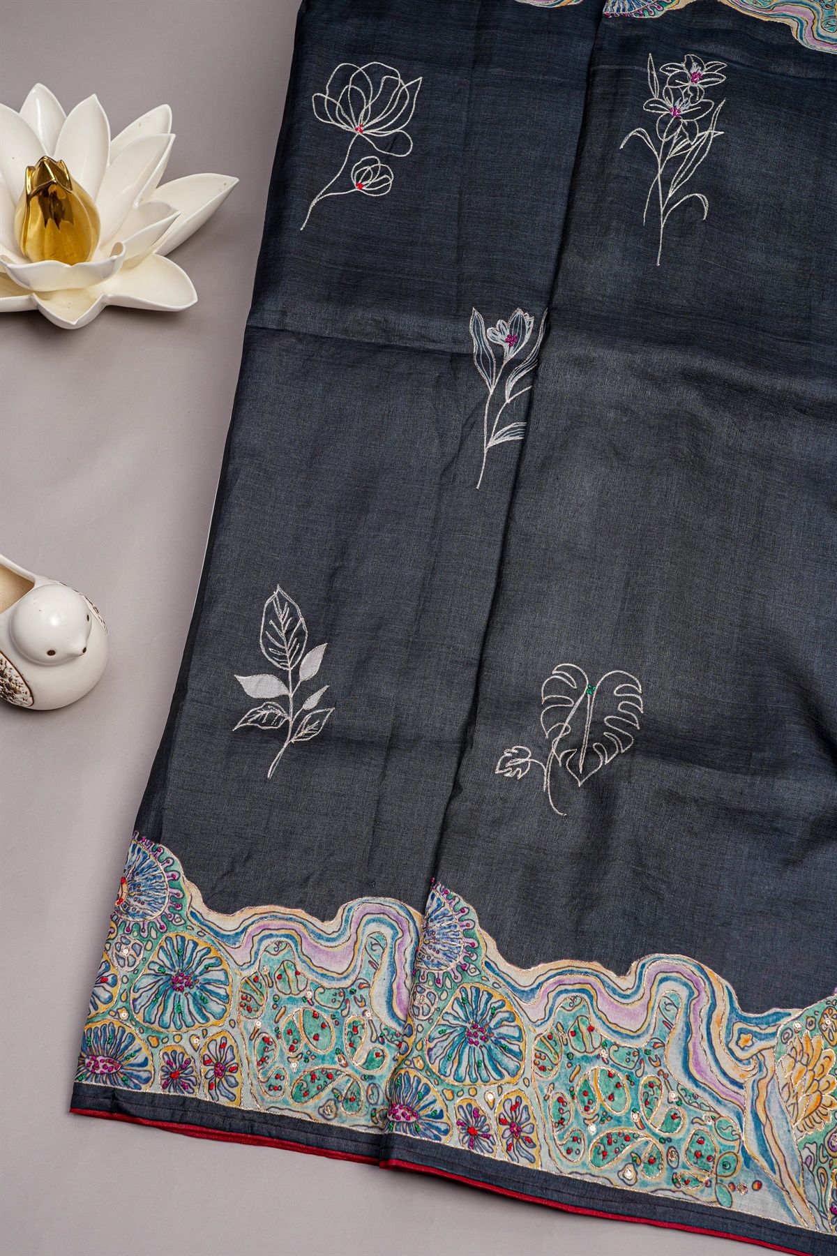 Designer Tussar Dark Grey Saree