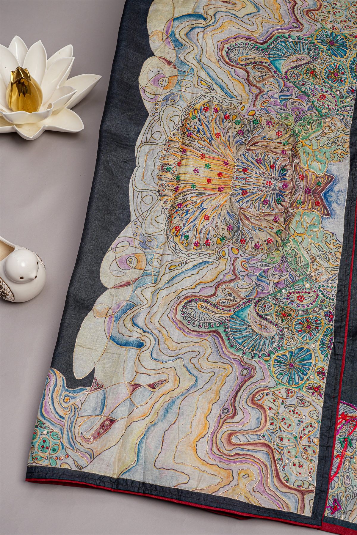 Designer Tussar Dark Grey Saree