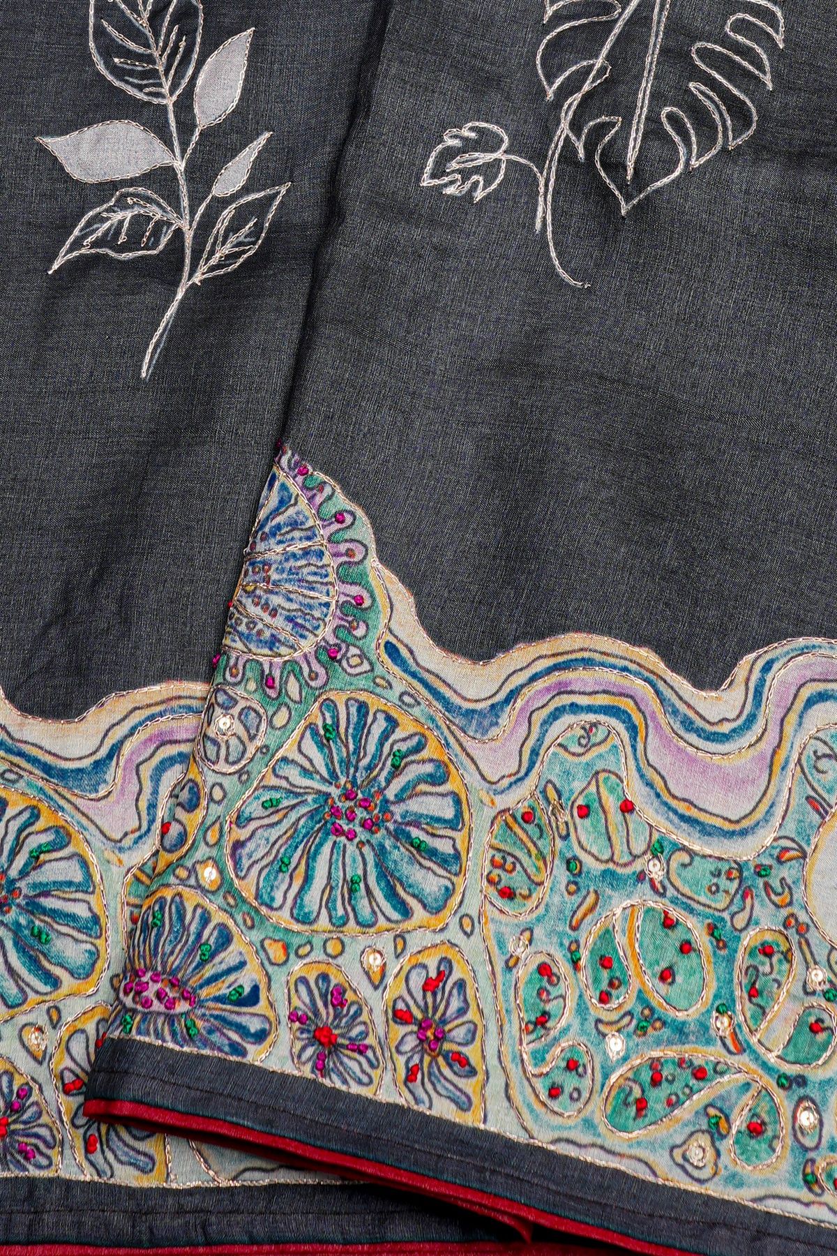 Designer Tussar Dark Grey Saree