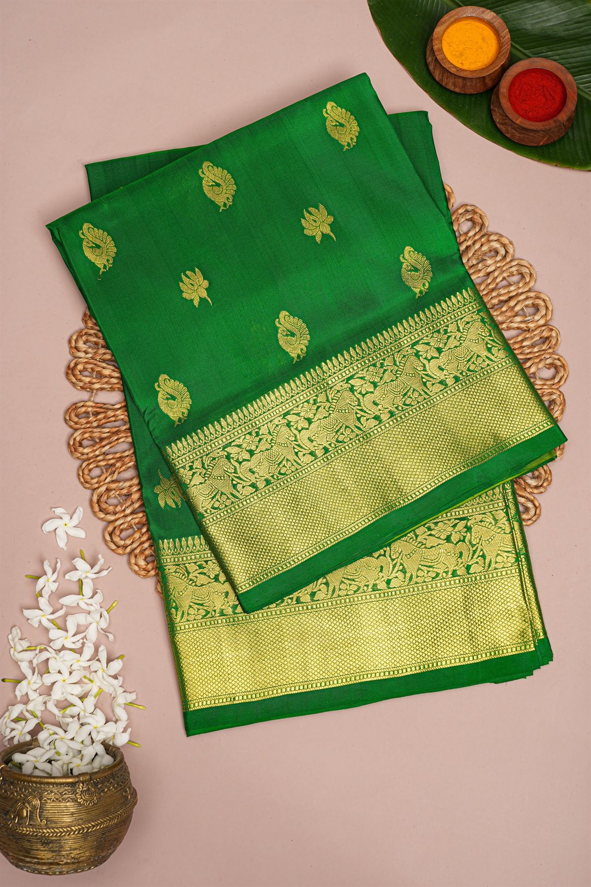 Venkatagiri Silk Bottle Green Saree