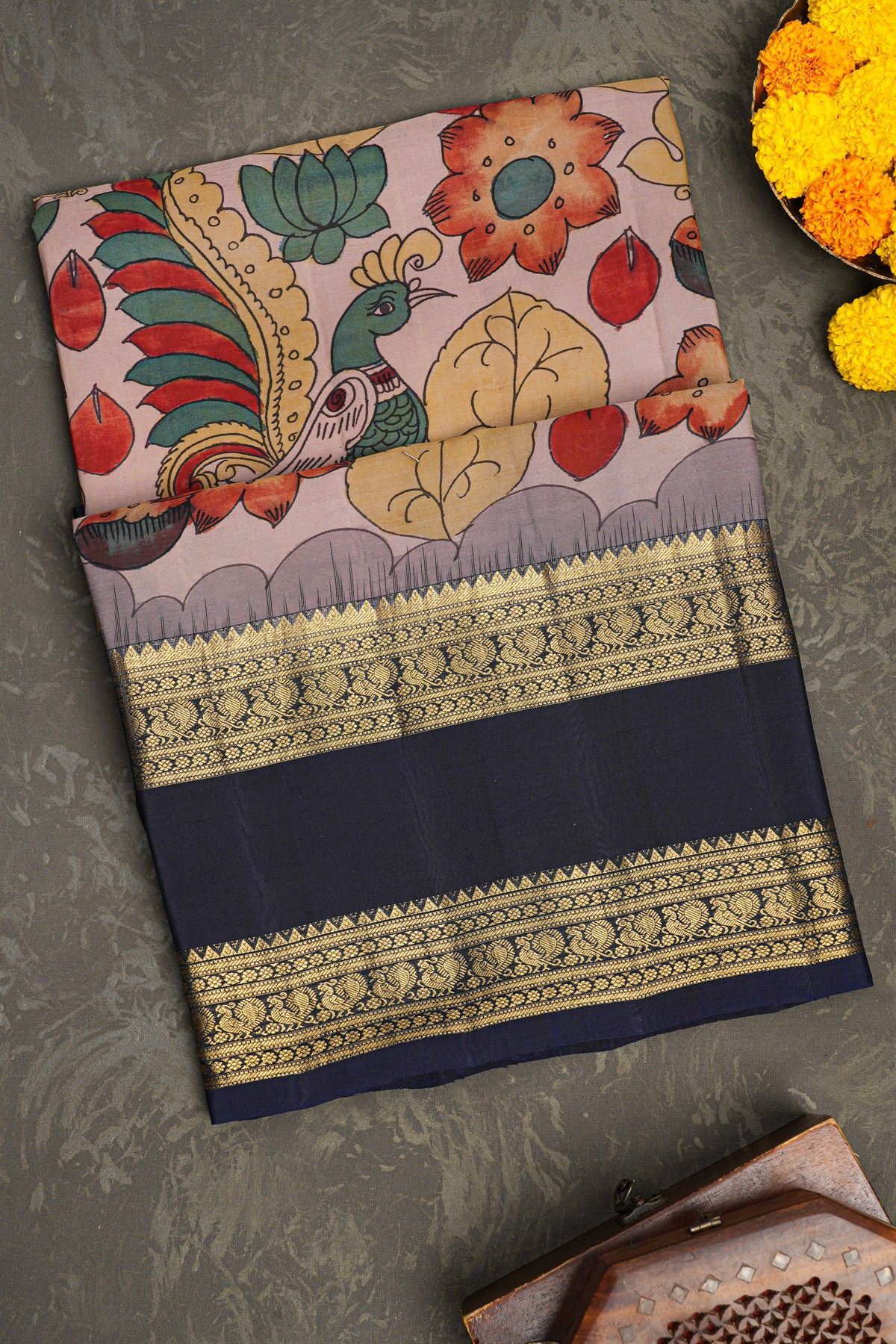 Kancheepuram Silk Lavender Kalamkari Saree