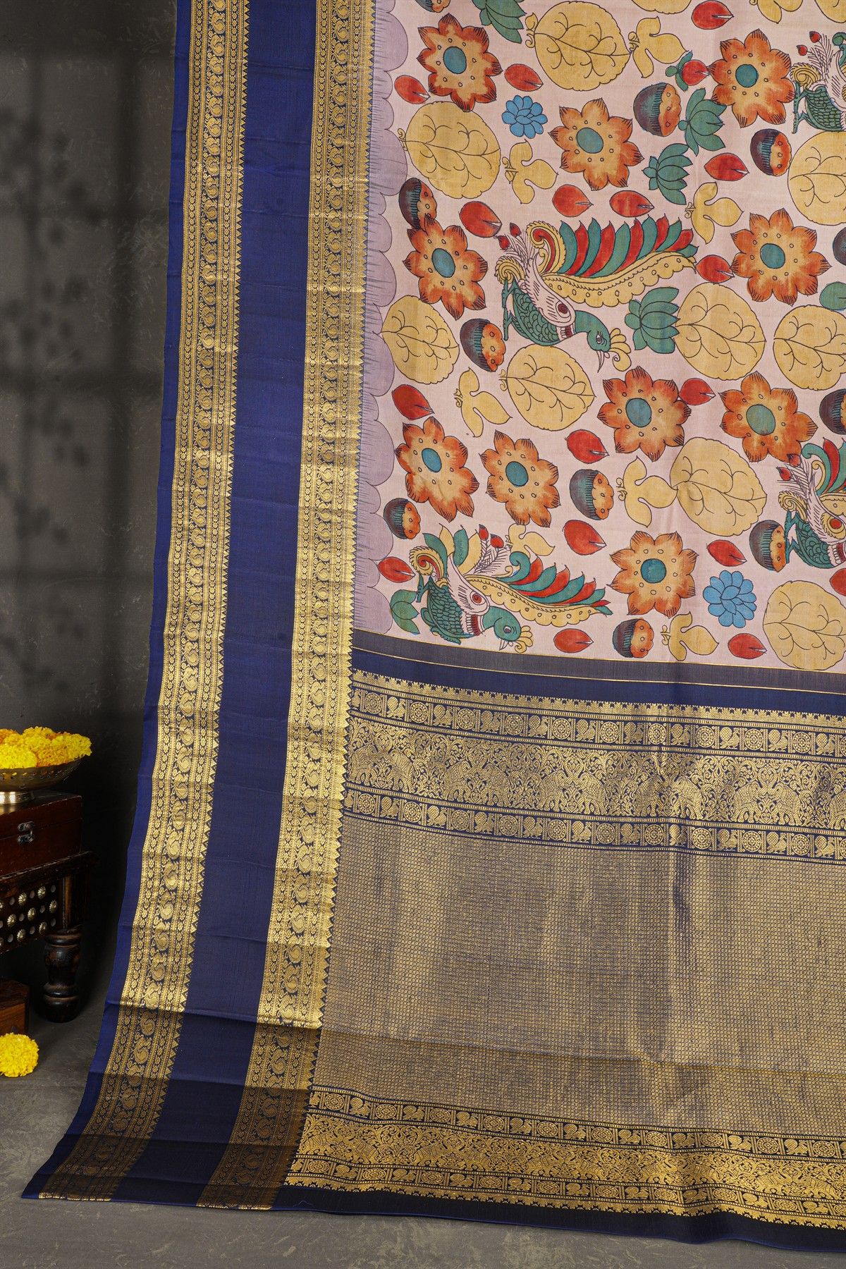 Kancheepuram Silk Lavender Kalamkari Saree