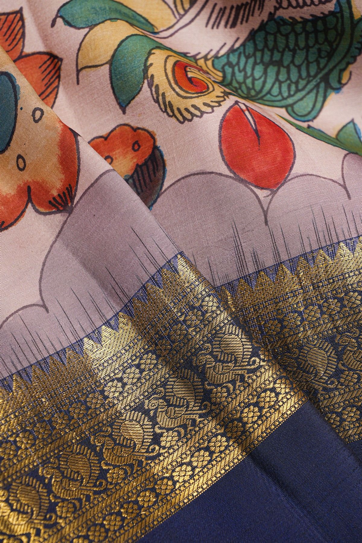 Kancheepuram Silk Lavender Kalamkari Saree