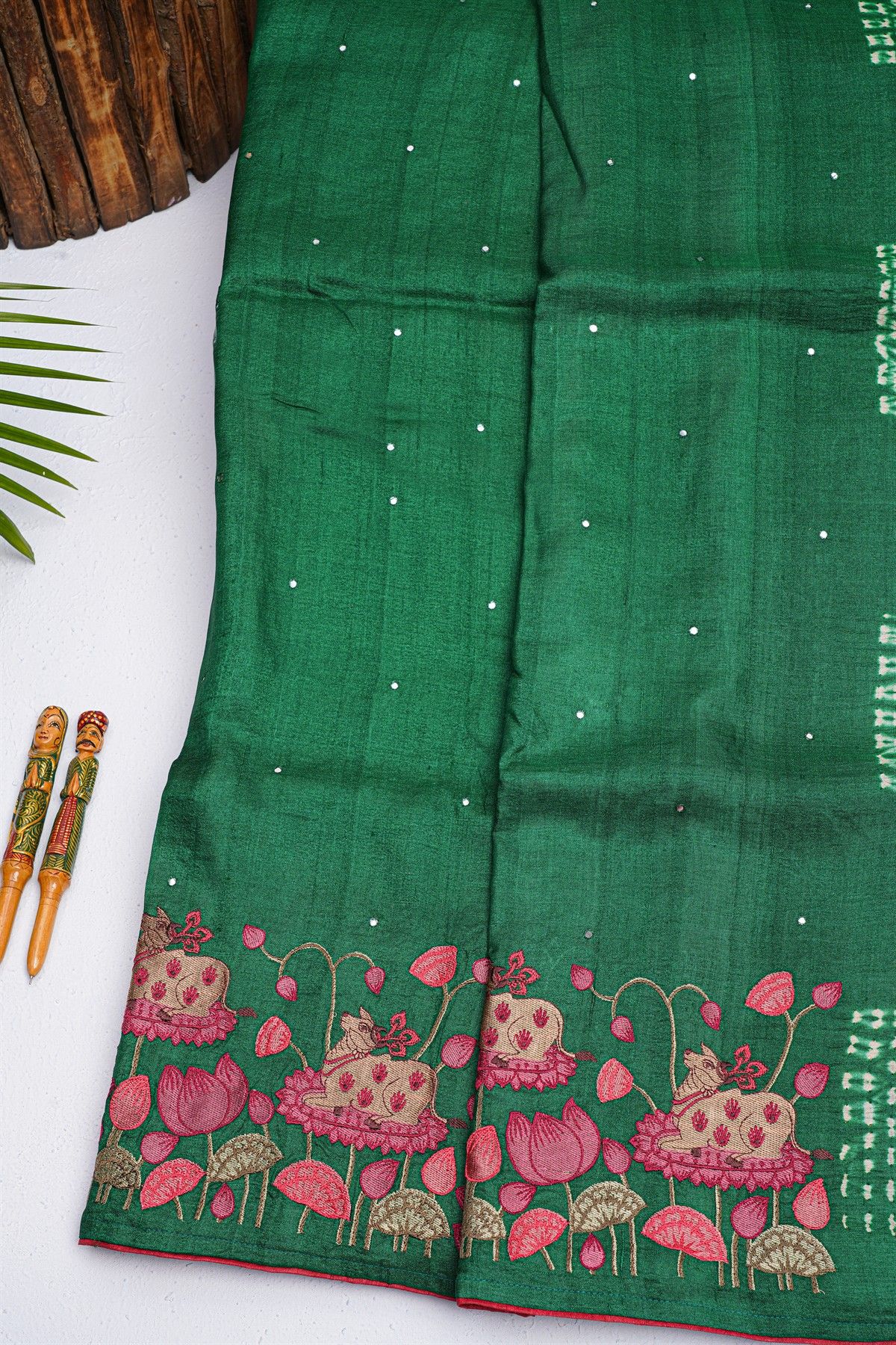 Designer Tussar Peacock Green Saree